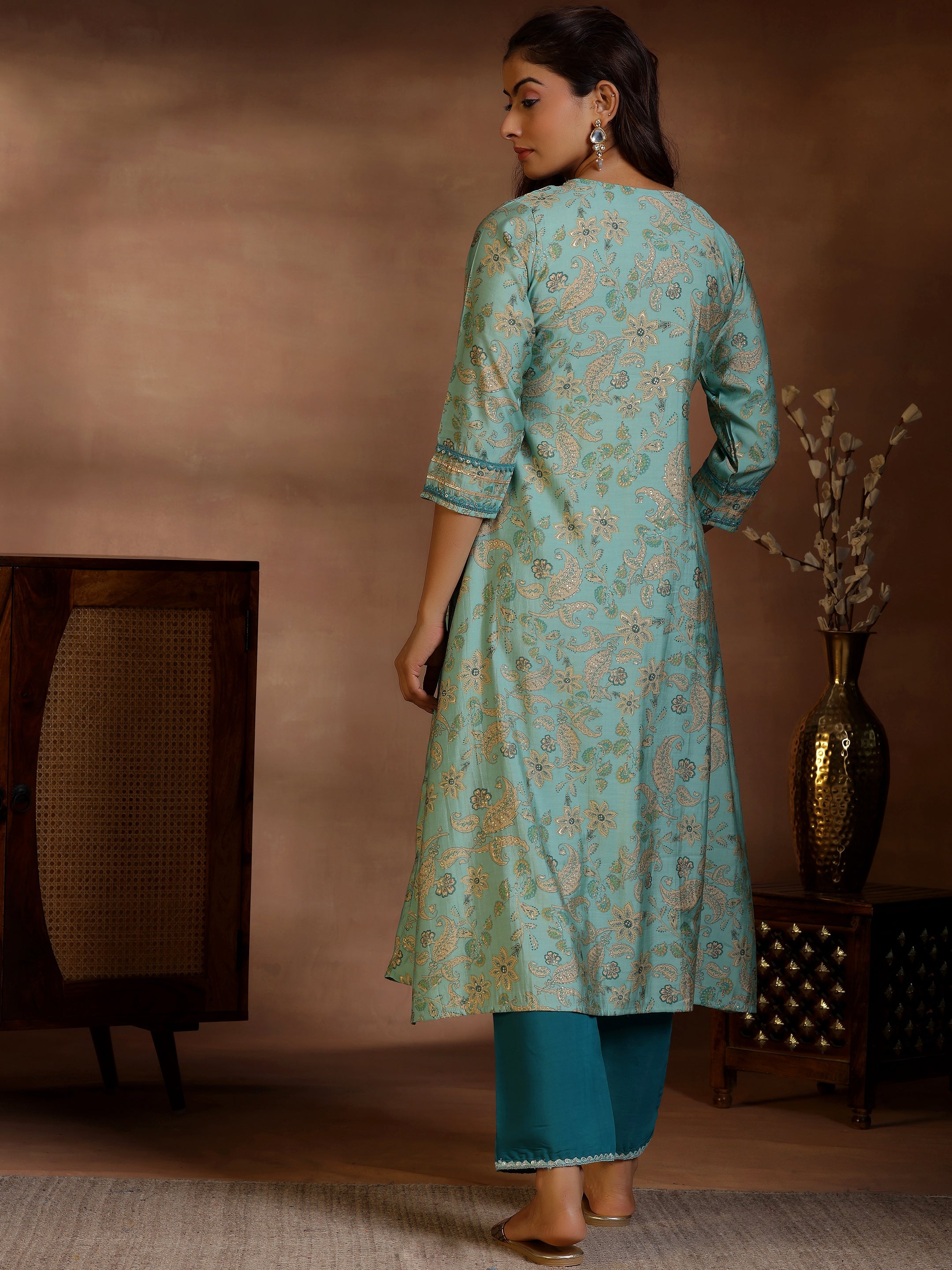 Green Printed Silk Blend A-Line Kurta With Palazzos