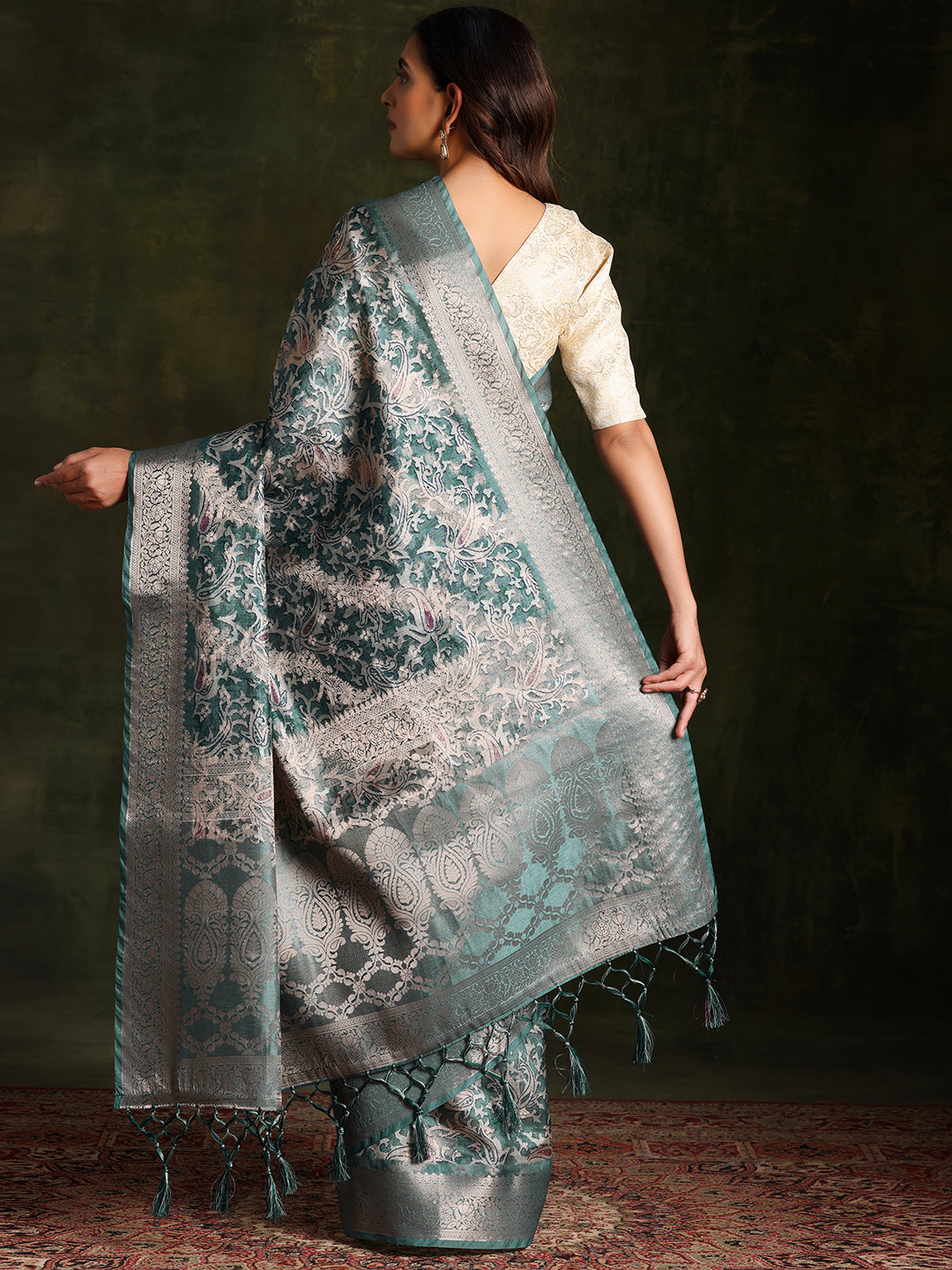 Green Woven Design Brocade Saree With Unstitched Blouse Piece