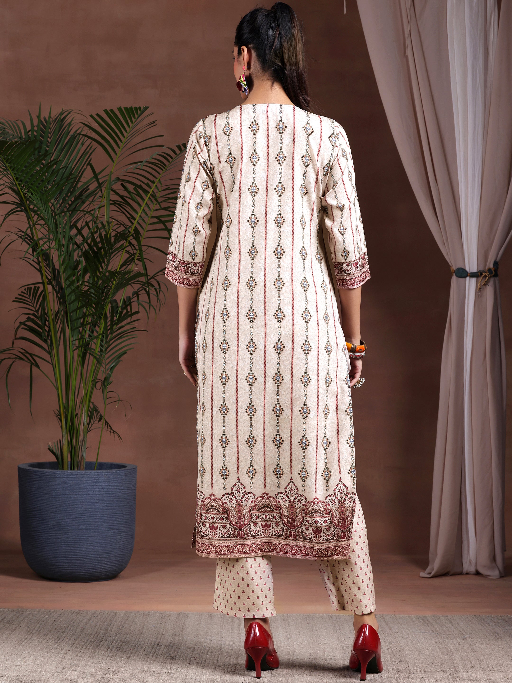 Beige Printed Poly Crepe Straight Suit With Dupatta