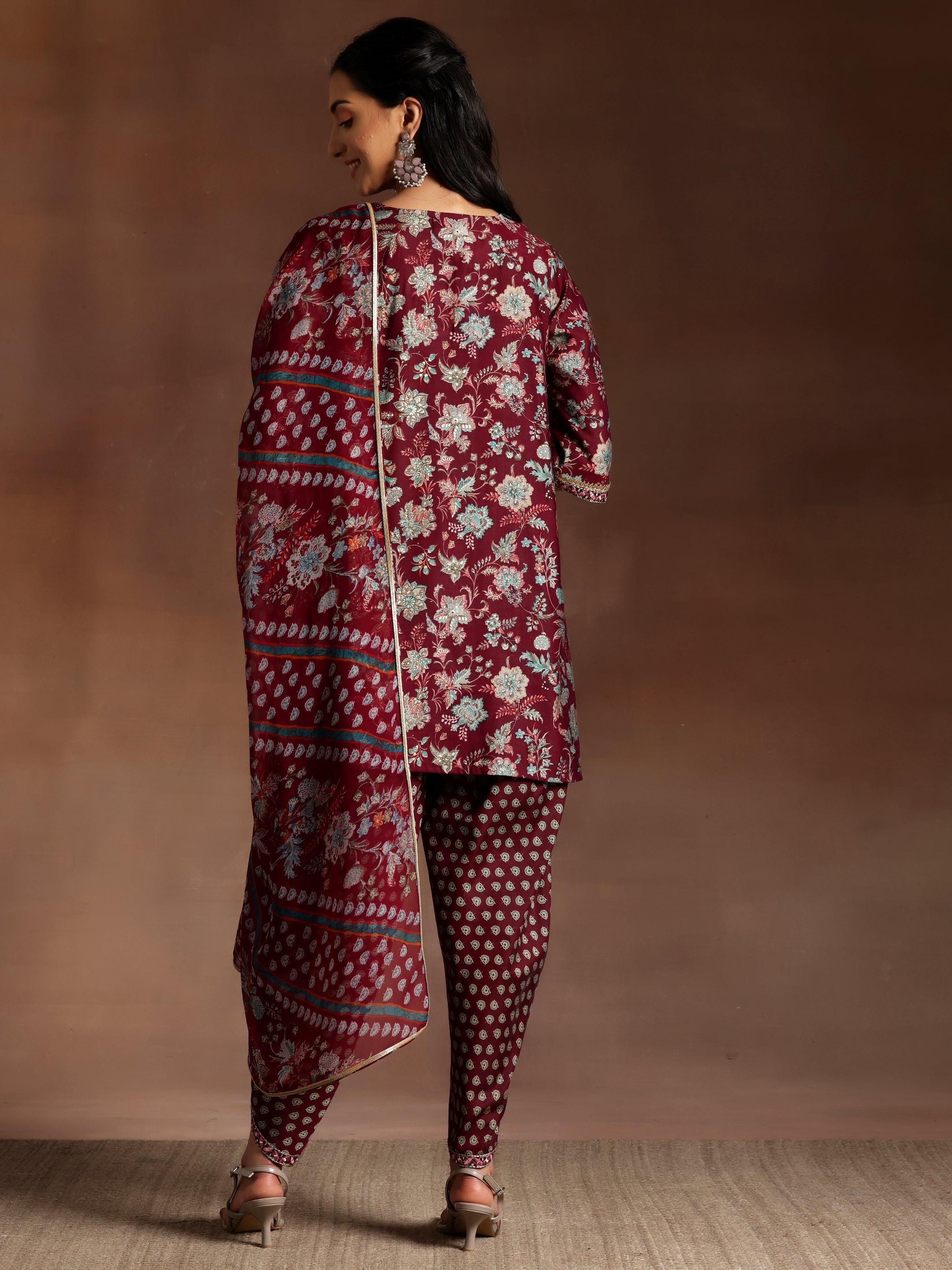 Burgundy Printed Silk Blend Straight Suit With Dupatta