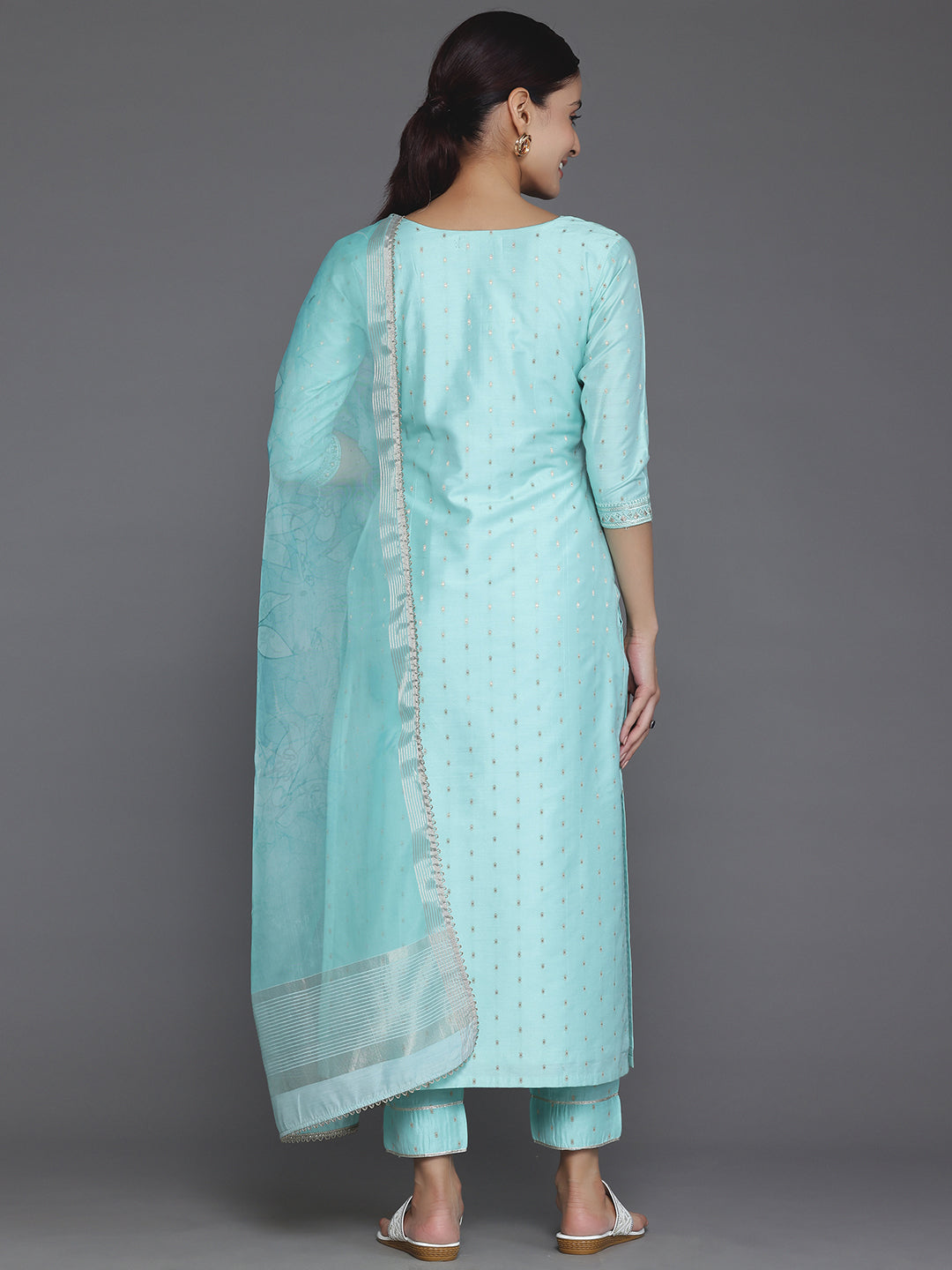 Turquoise Yoke Design Silk Blend Straight Suit With Dupatta