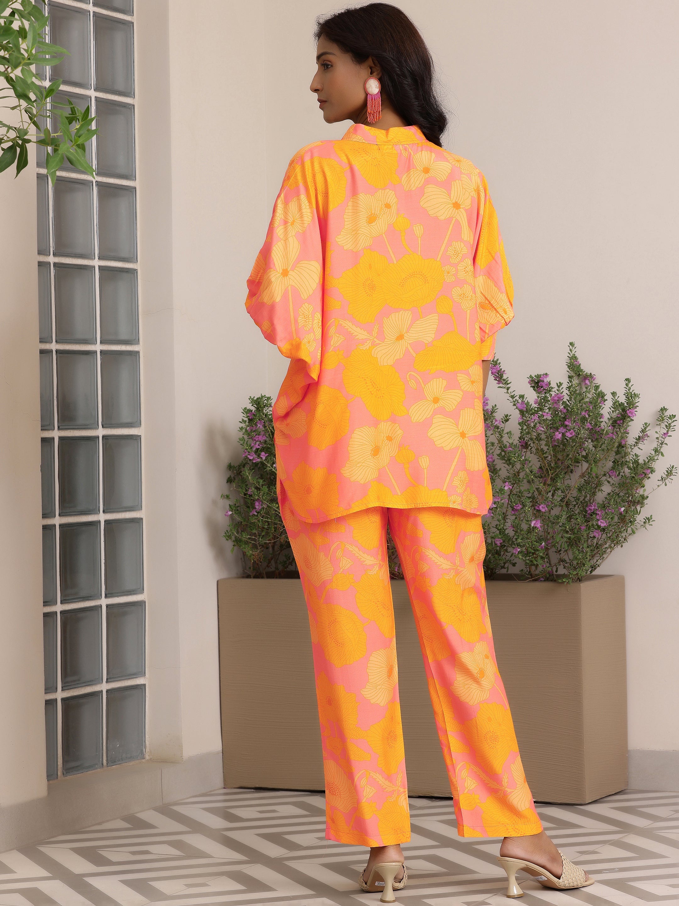 Orange Printed Silk Blend Co-Ords