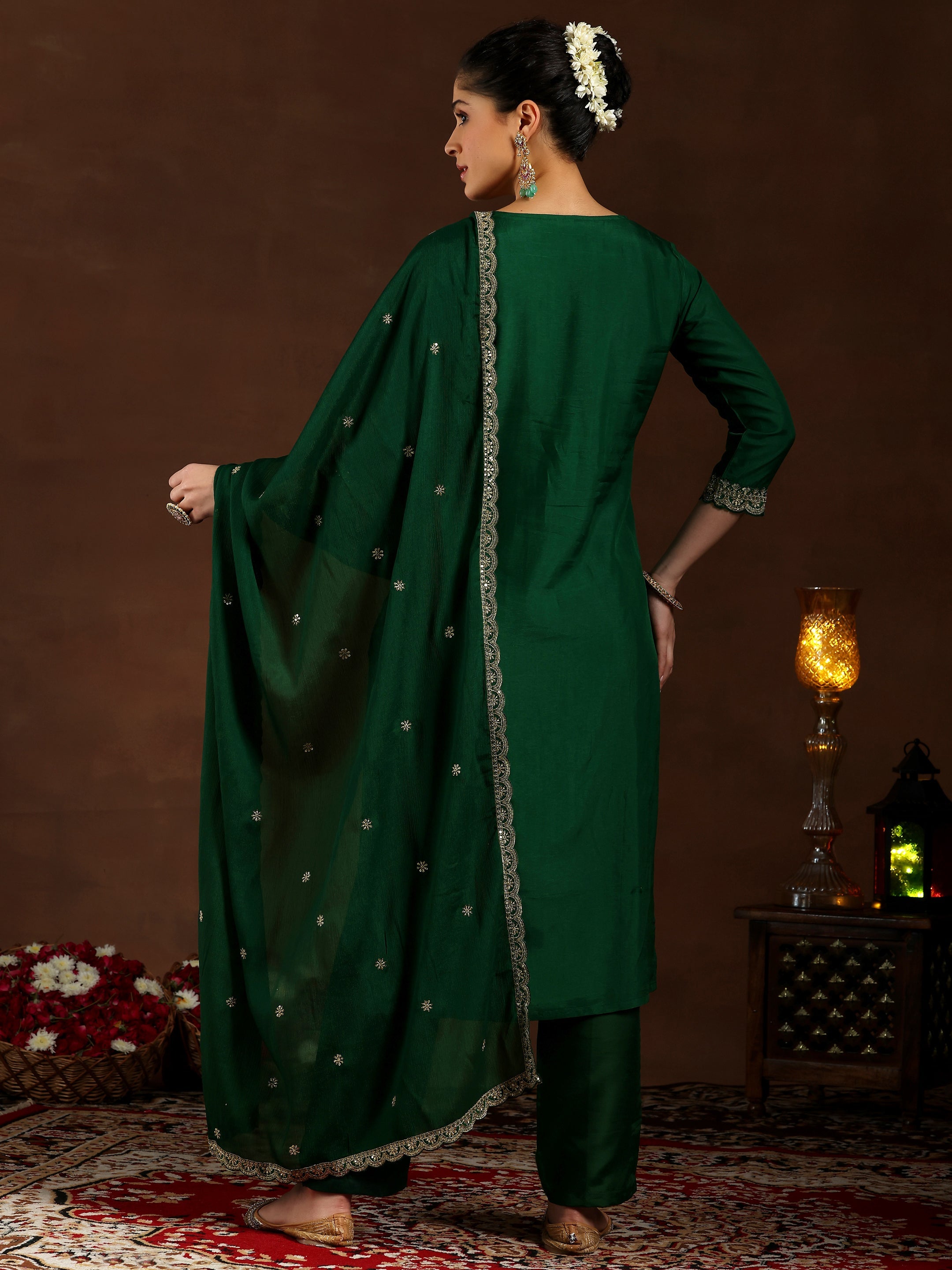 Green Woven Design Silk Blend Straight Suit With Dupatta