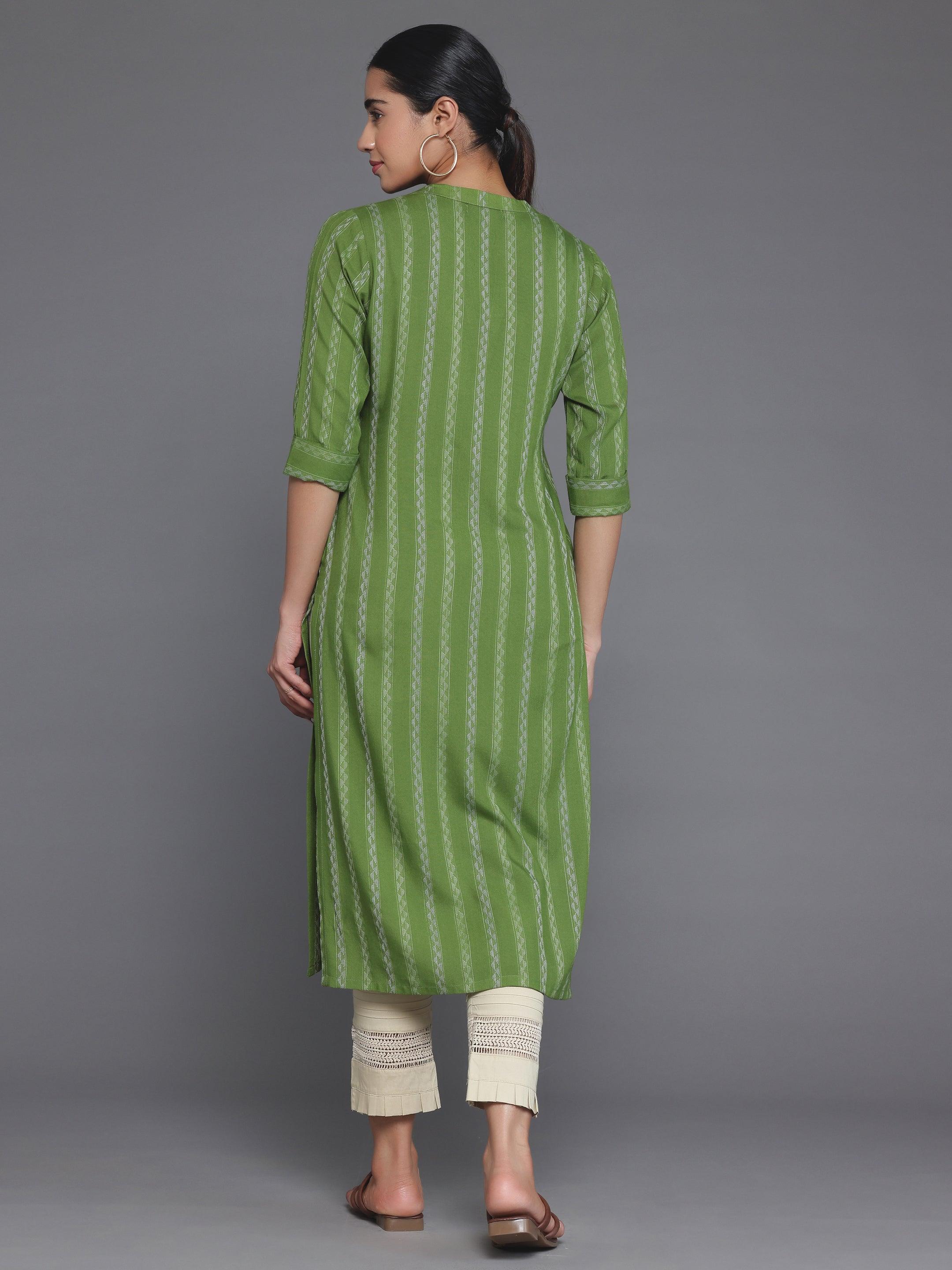 Green Striped Rayon Straight Kurta