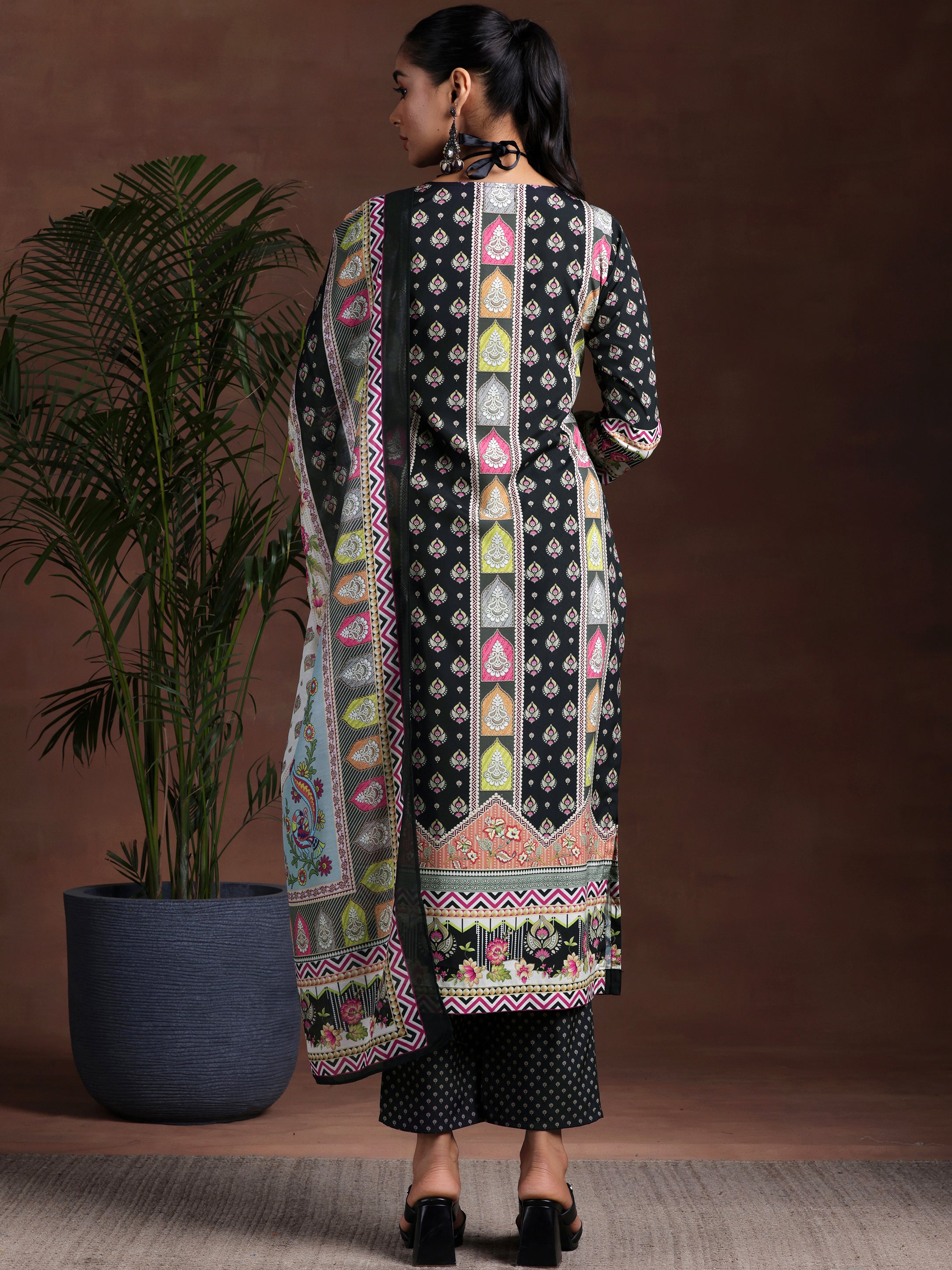 Black Printed Poly Crepe Straight Suit With Dupatta