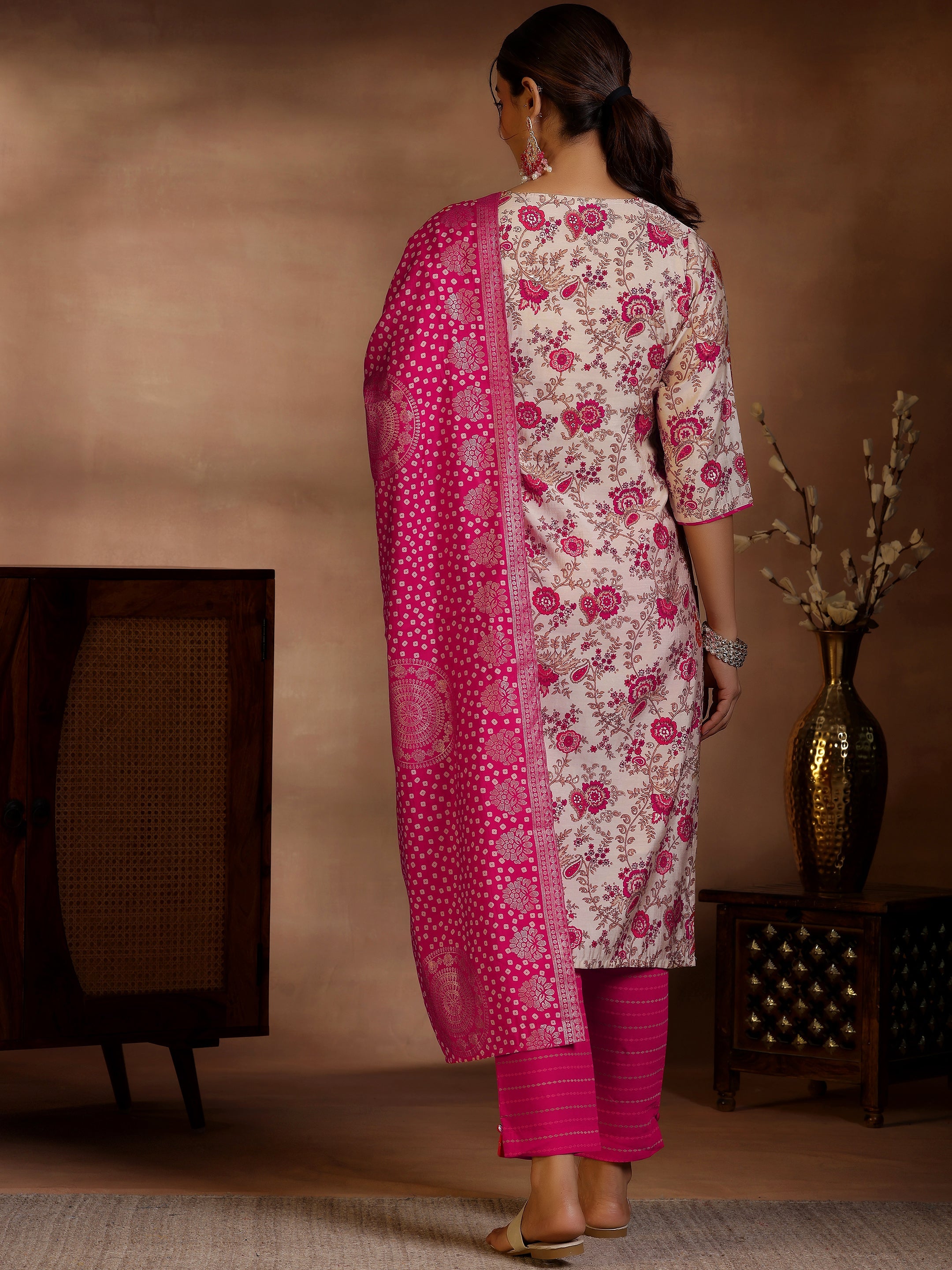 Pink Printed Silk Blend Straight Suits With Dupatta