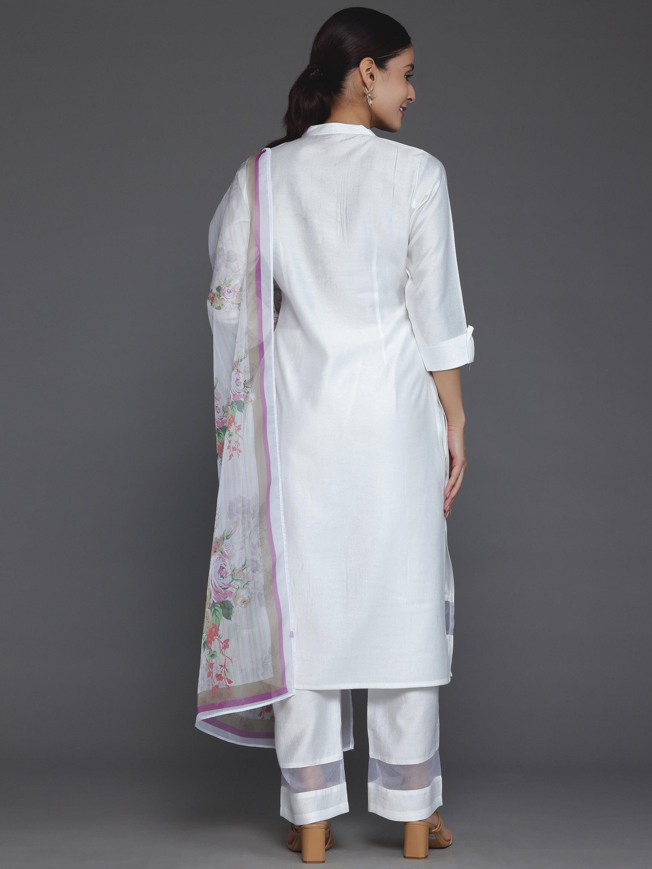 Off White Self Design Silk Blend Straight Suit With Dupatta