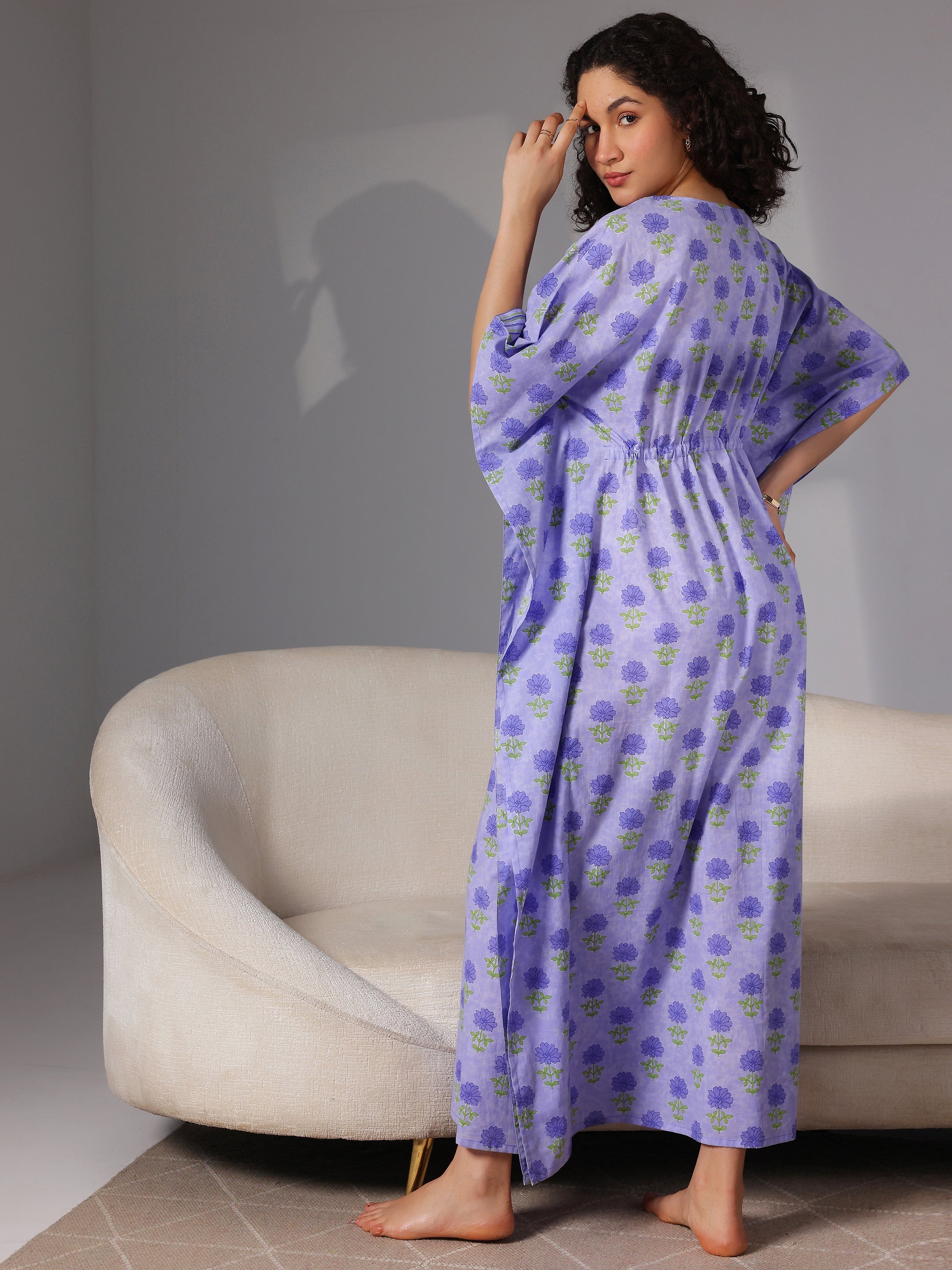 Purple Printed Cotton Kaftan Night Dress