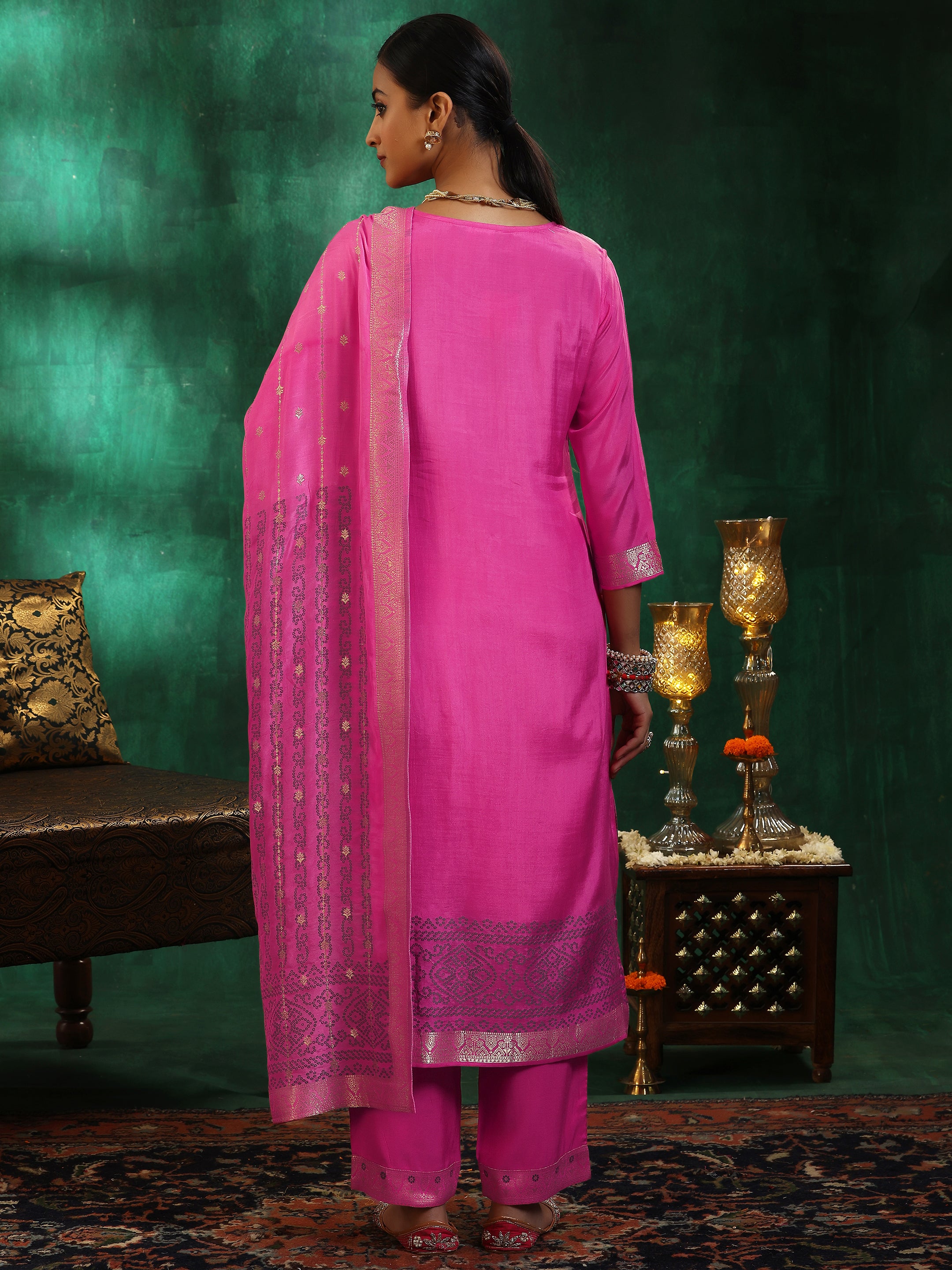 Pink Woven Design Silk Blend Straight Suit With Dupatta