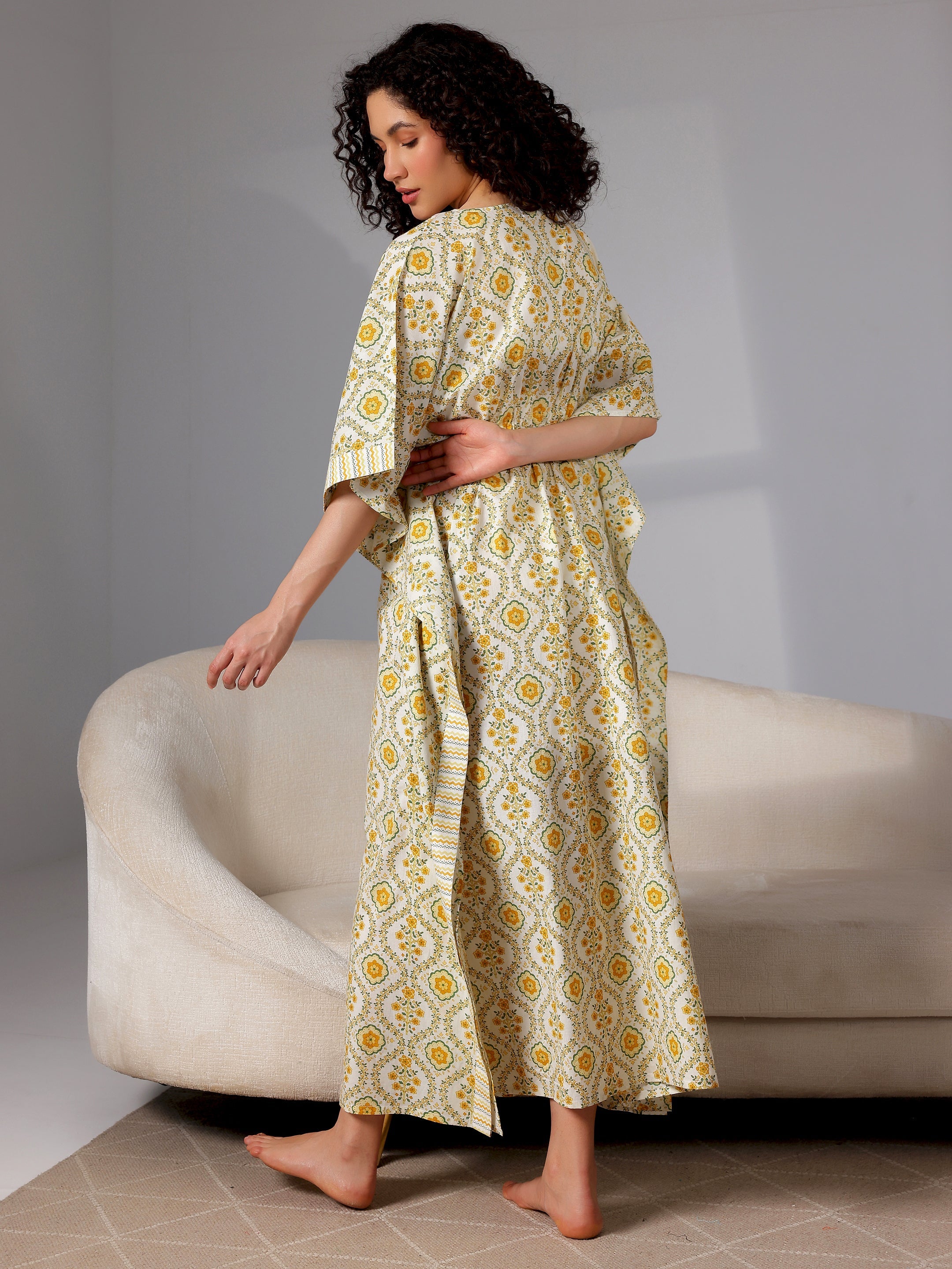 Yellow Printed Cotton Kaftan Night Dress