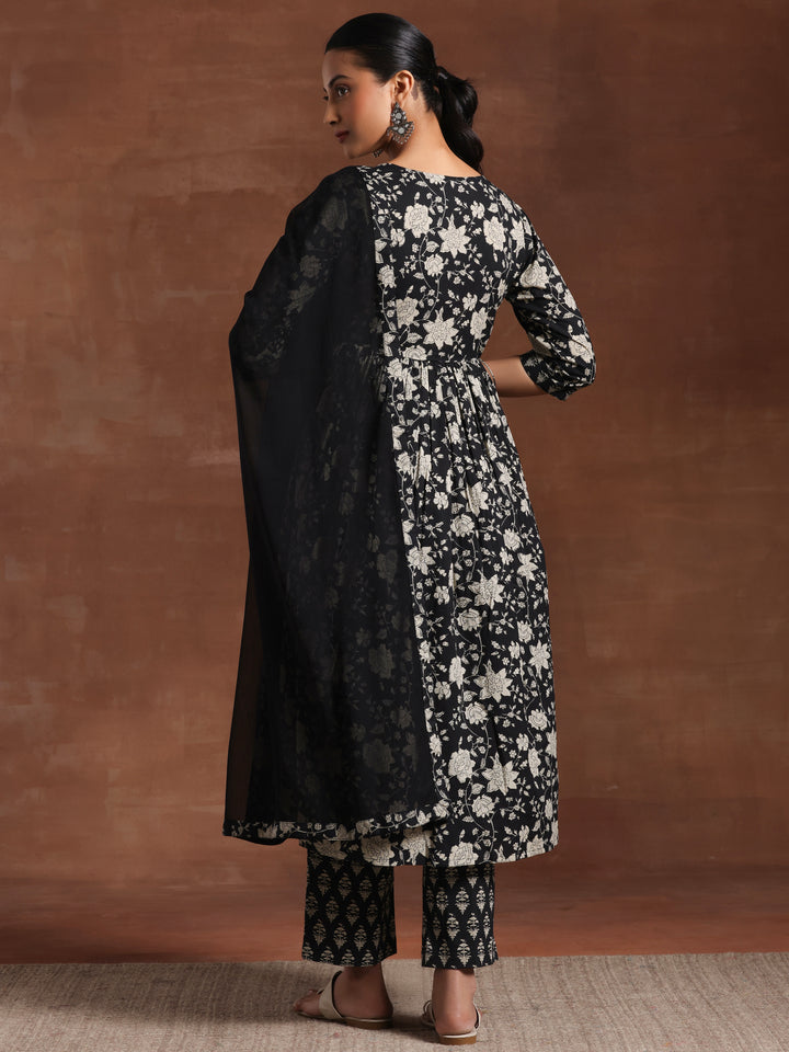 Black Printed Pure Cotton Anarkali Suit With Dupatta