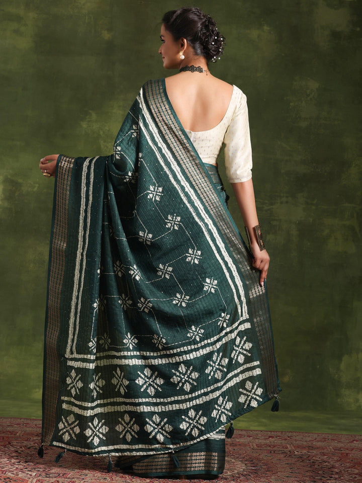 Green Printed Silk Blend Saree With Unstitched Blouse Piece - Libas