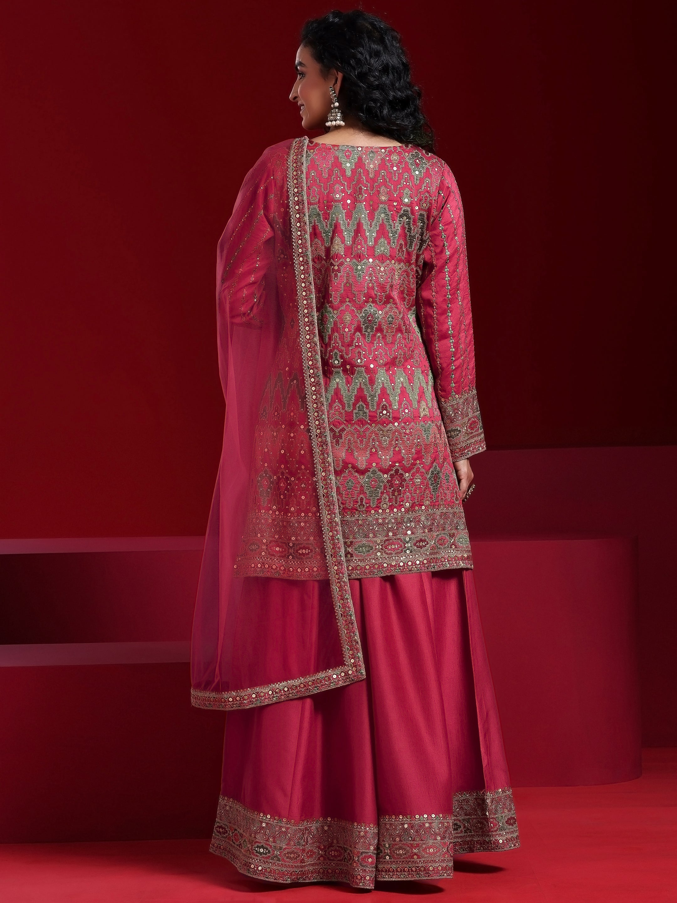 Libas Art Coral Embroidered Silk Blend Straight Suit With Dupatta