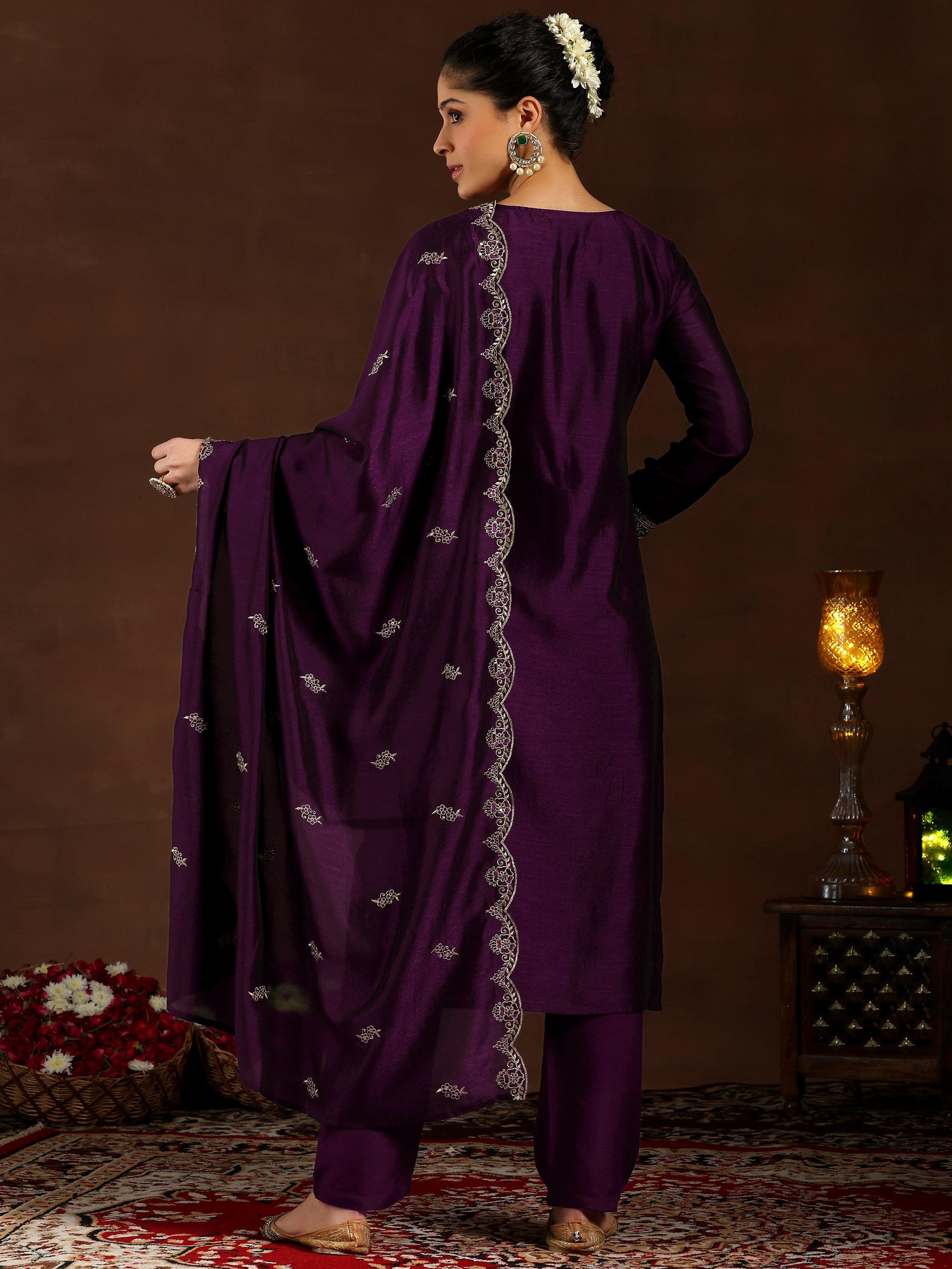 Wine Embroidered Silk Blend Straight Suit With Dupatta