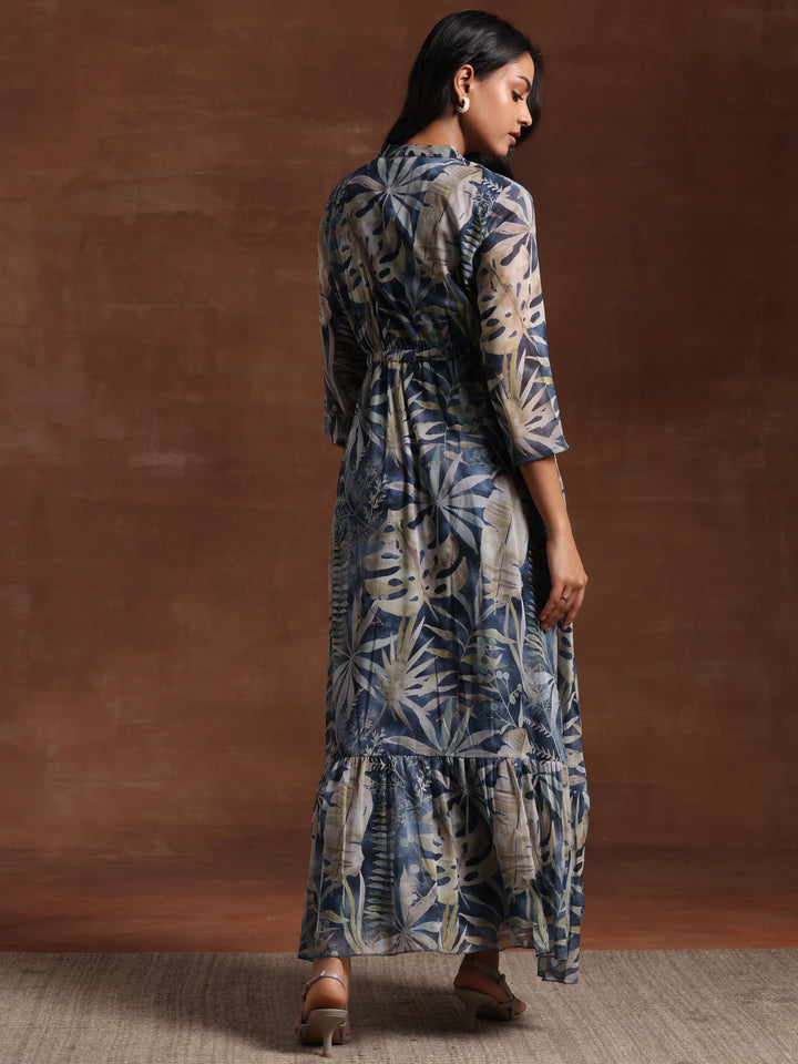 Blue Printed Chiffon A-Line Dress