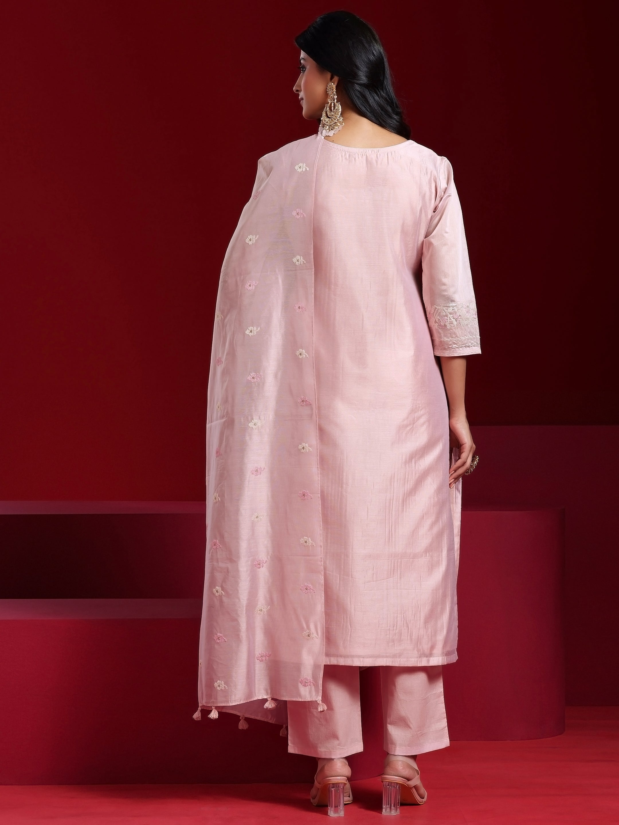 Libas Art Pink Embroidered Chanderi Silk Straight Suit With Dupatta