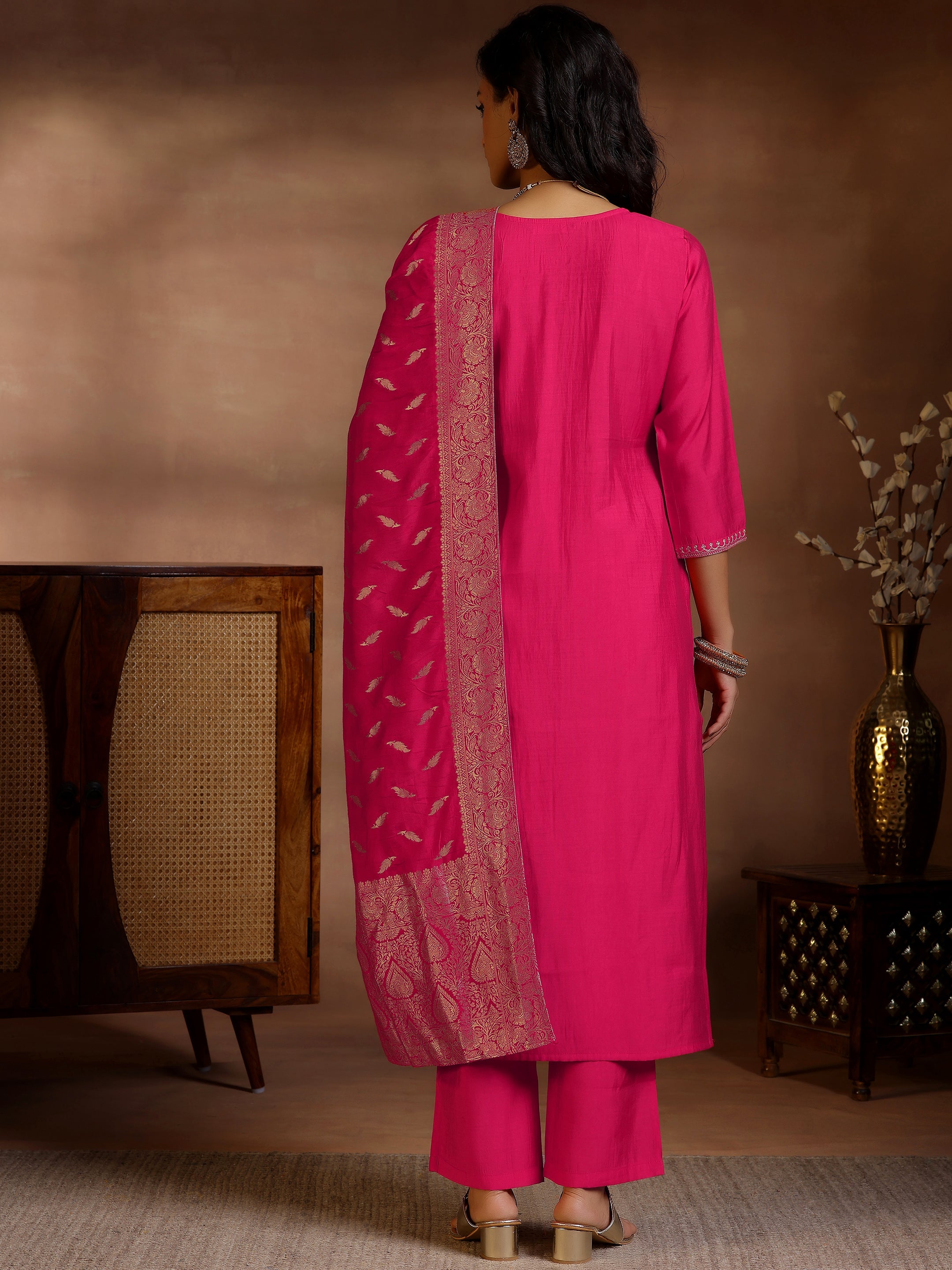 Pink Yoke Design Silk Blend Straight Suits With Dupatta