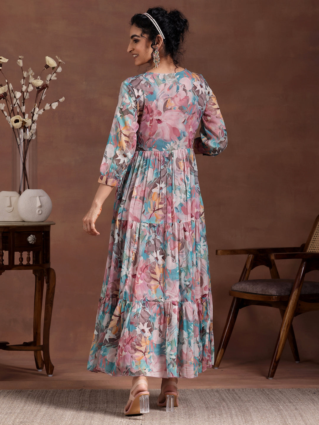 Mauve Printed Chiffon Fit and Flare Dress