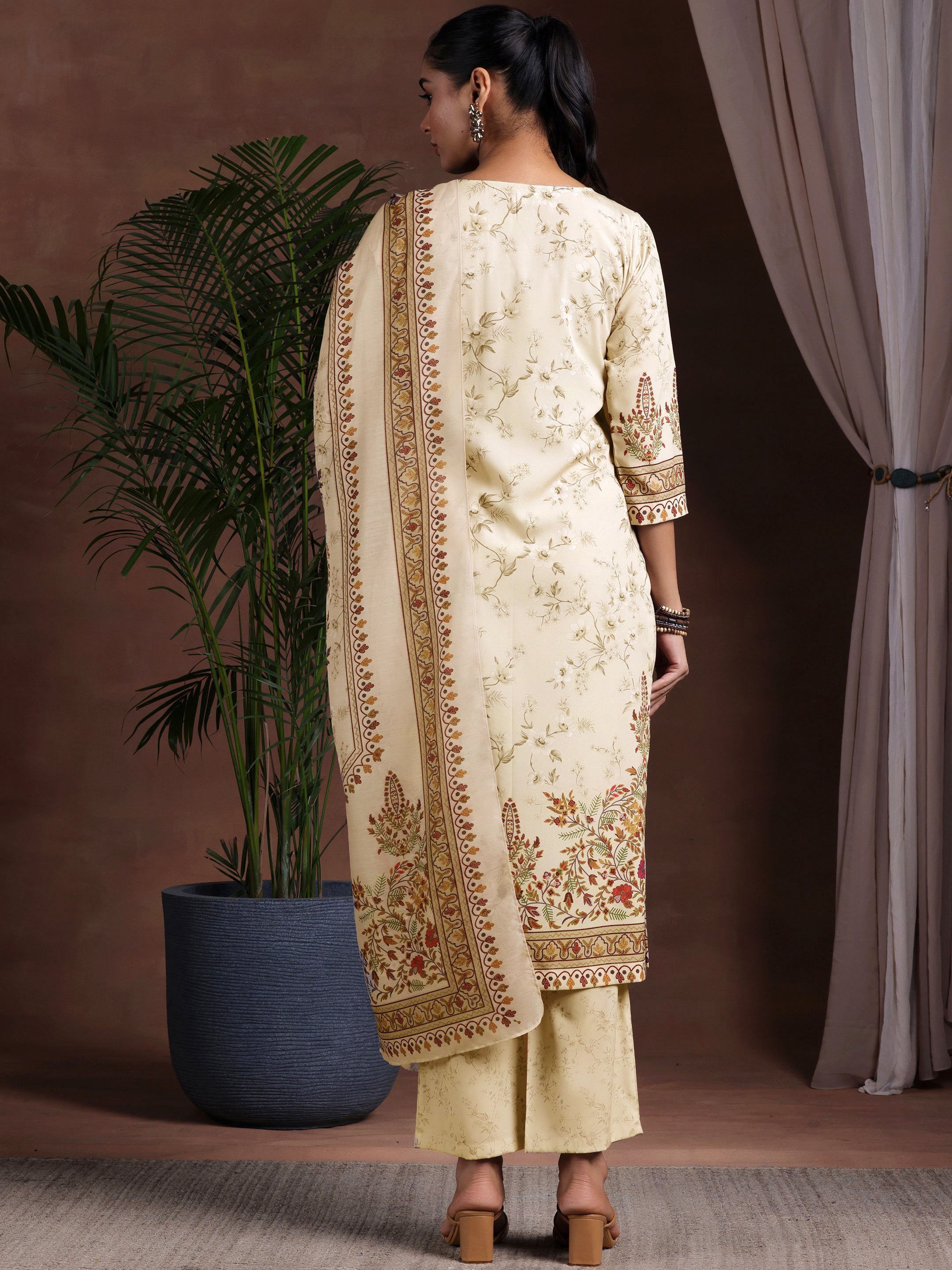 Beige Printed Poly Crepe Straight Suit With Dupatta