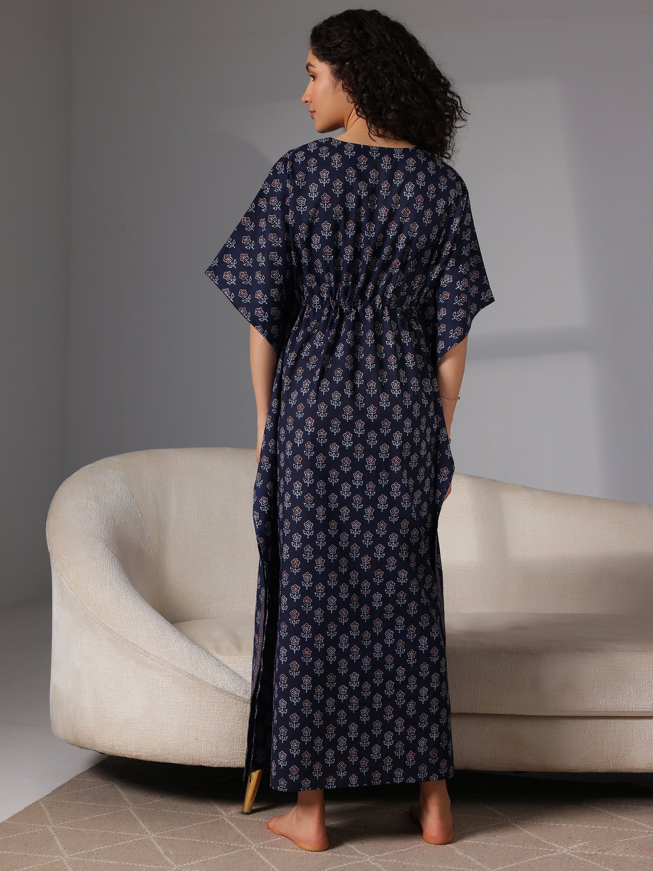 Navy Blue Printed Cotton Kaftan Night Dress