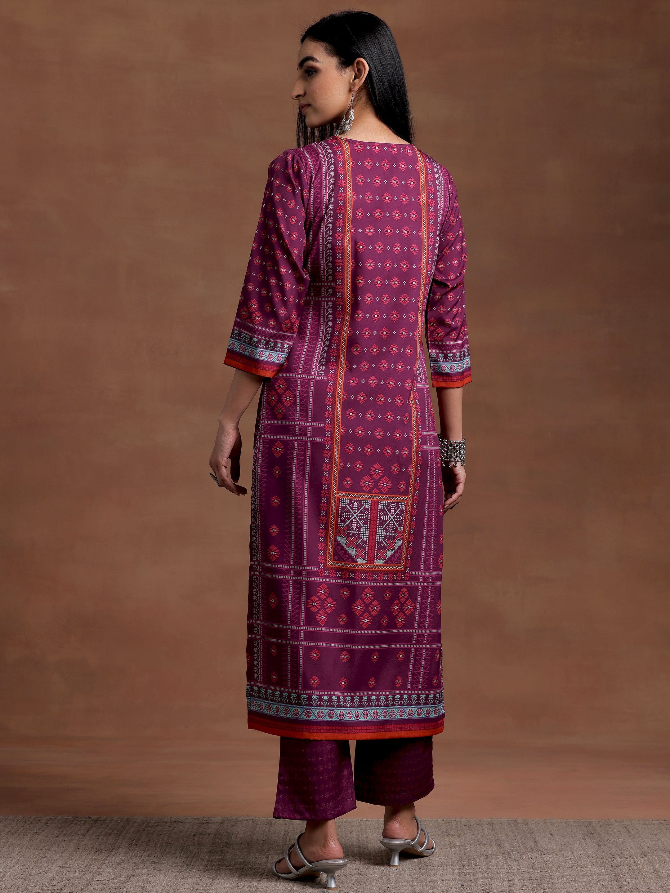 Wine Printed Poly Crepe Straight Kurta Set