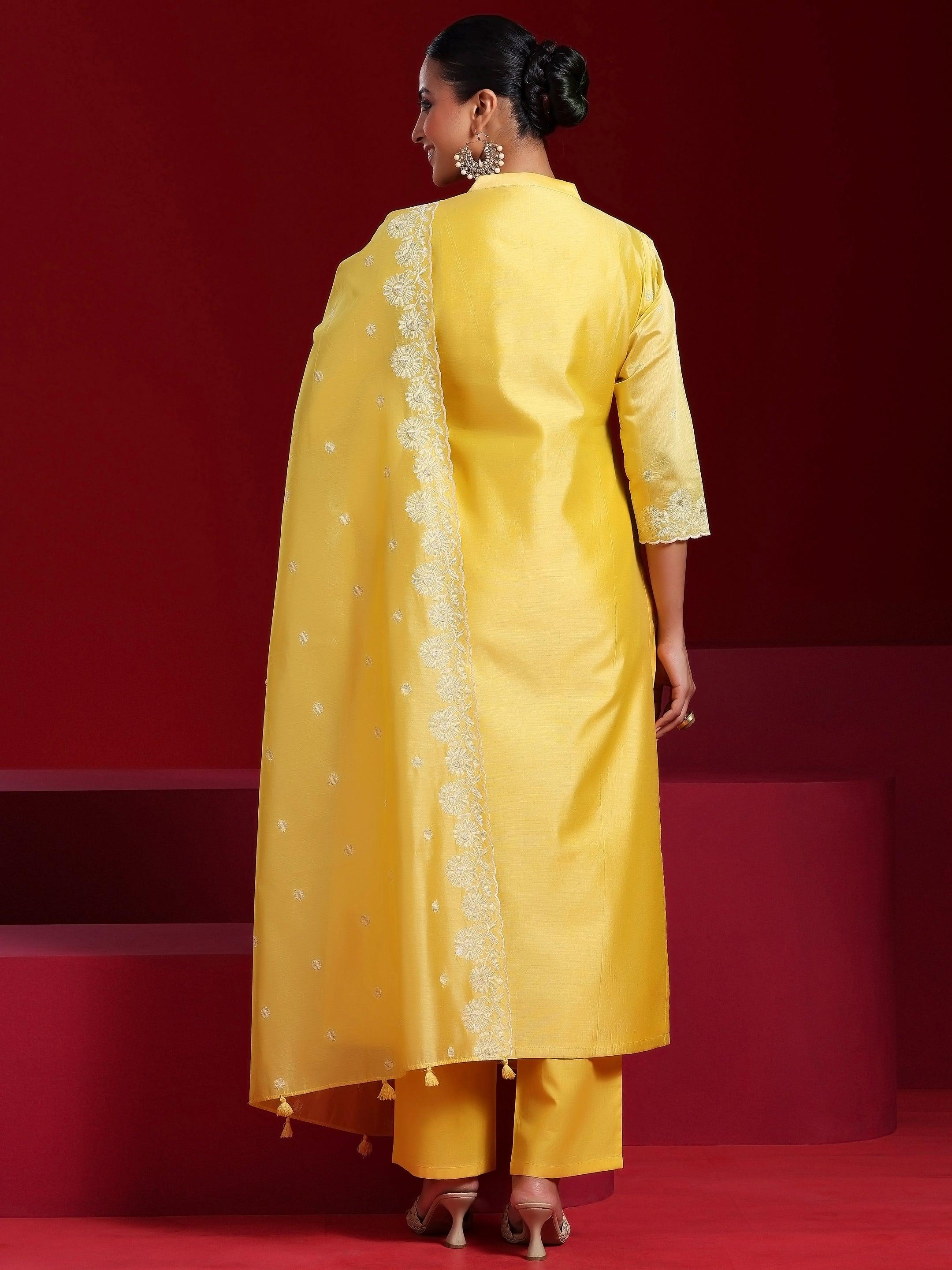 Libas Art Yellow Embroidered Chanderi Silk Straight Suit With Dupatta