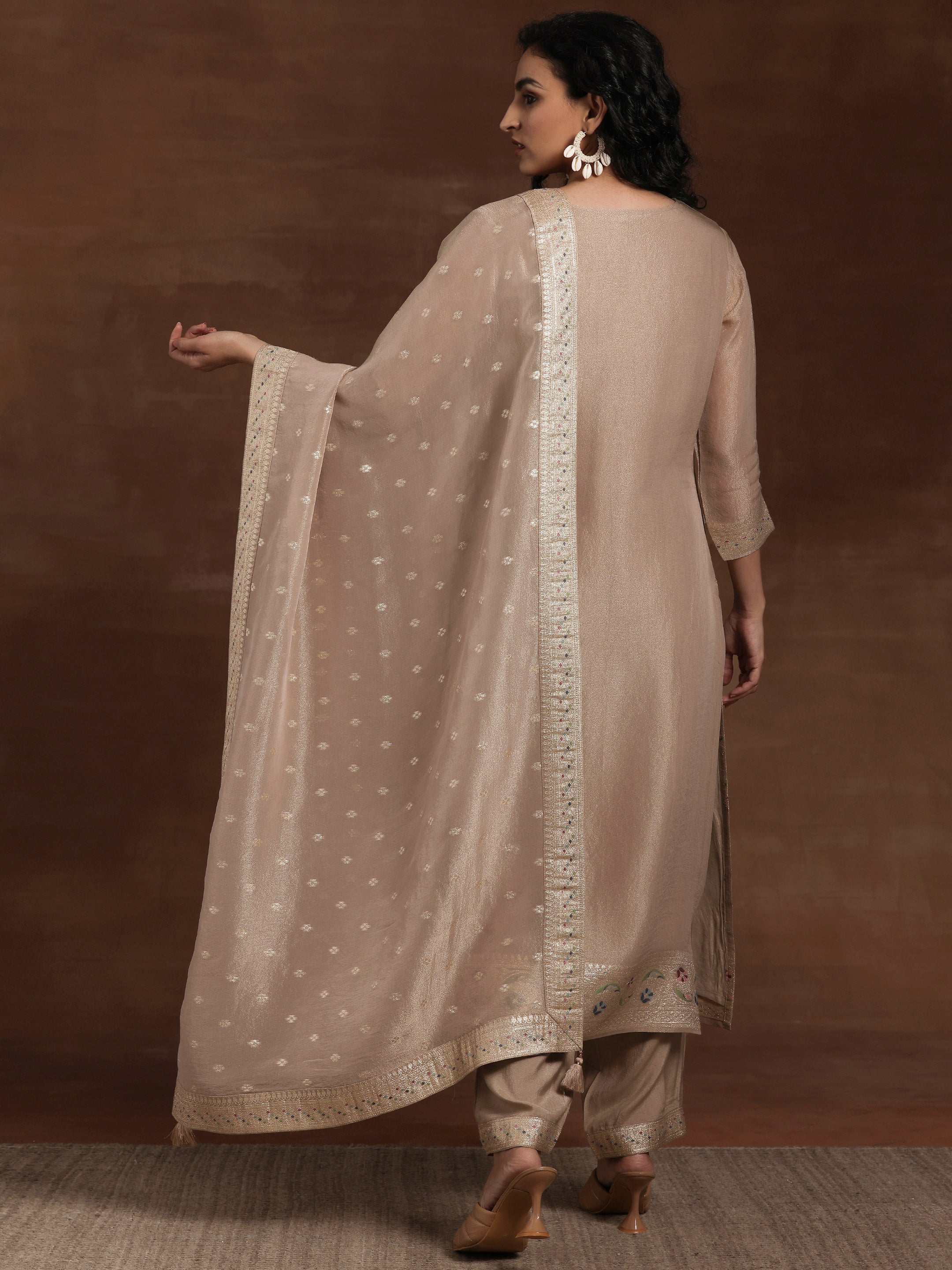 Brown Woven Design Chanderi Silk Straight Suit With Dupatta