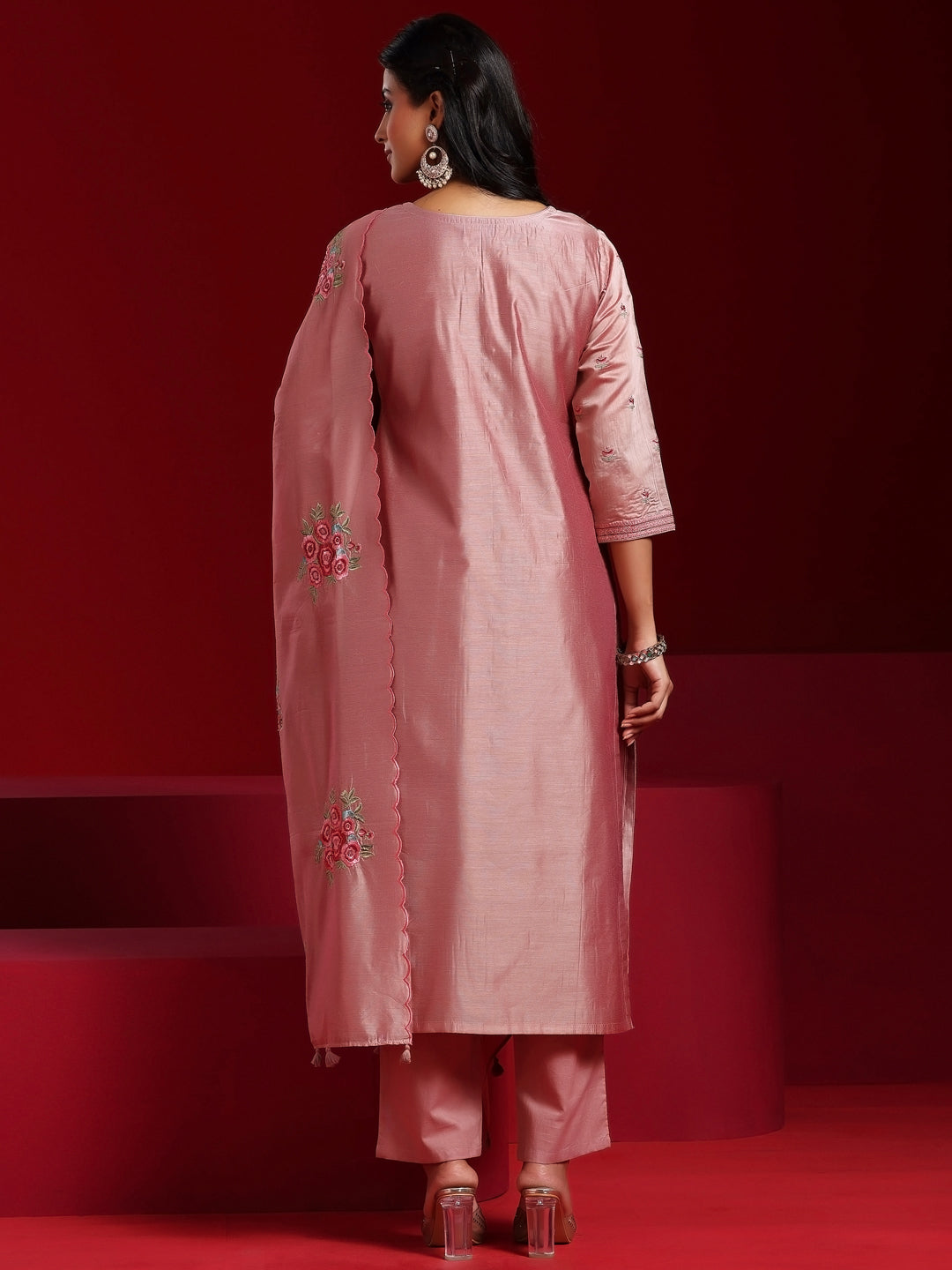 Libas Art Pink Embroidered Chanderi Silk Straight Suit With Dupatta