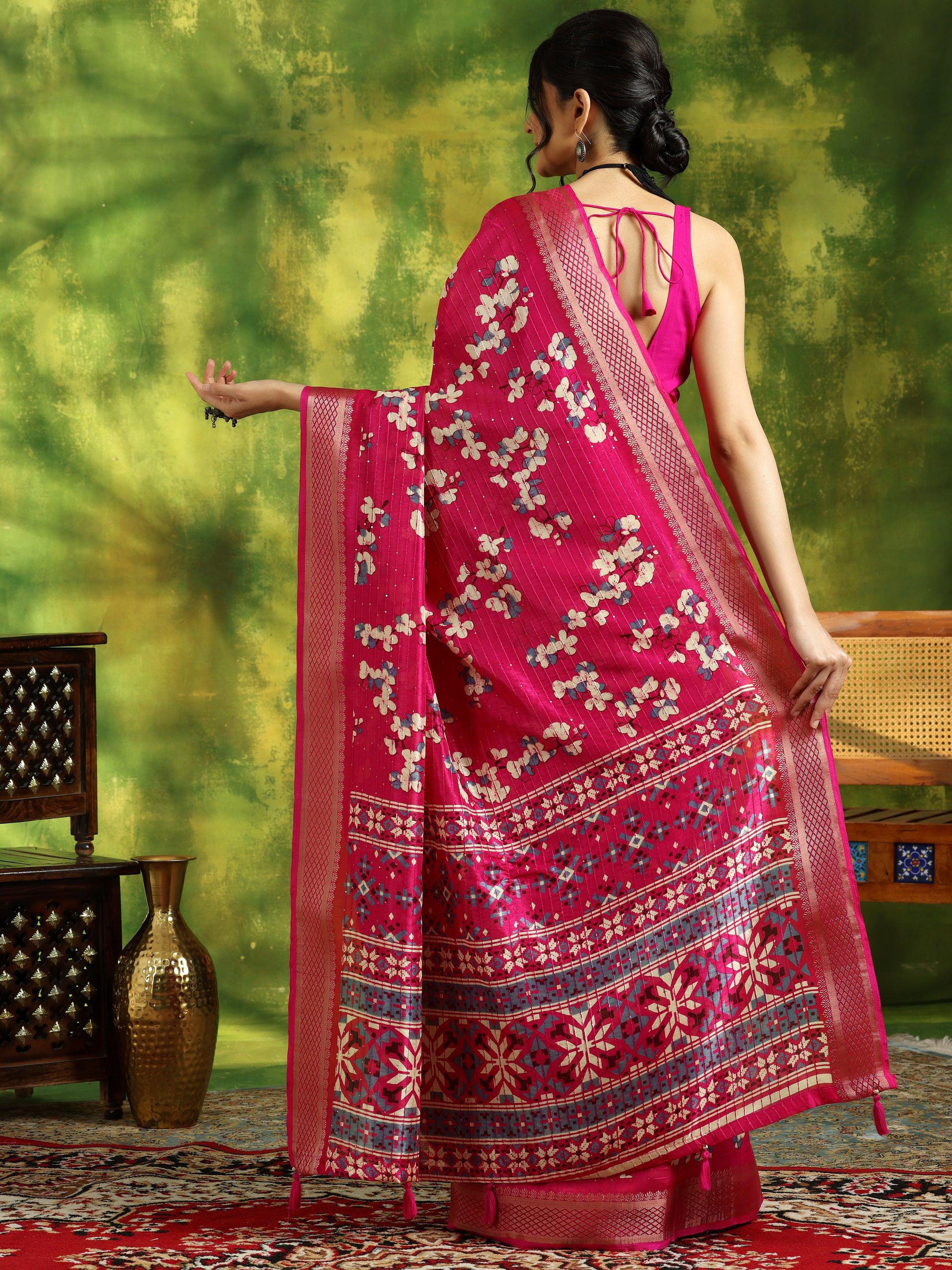 Pink Printed Silk Blend Saree With Unstitched Blouse Piece