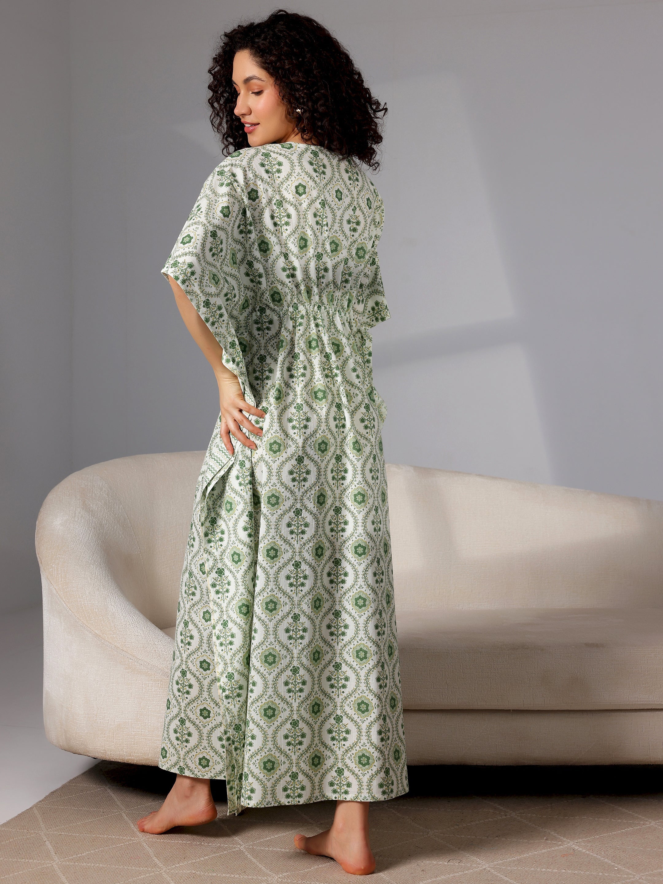 Green Printed Cotton Kaftan Night Dress