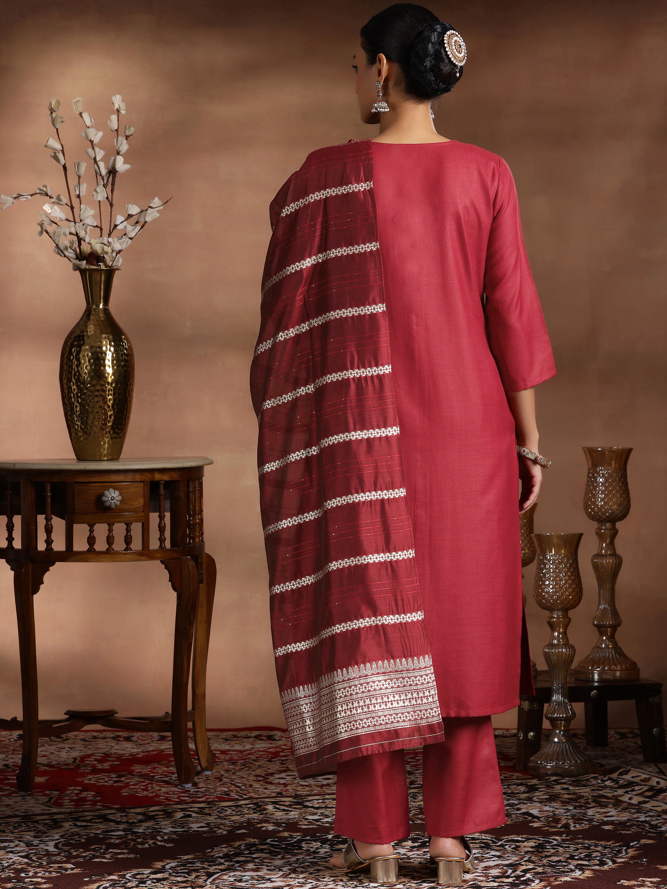 Maroon Solid Silk Blend Straight Suit With Dupatta