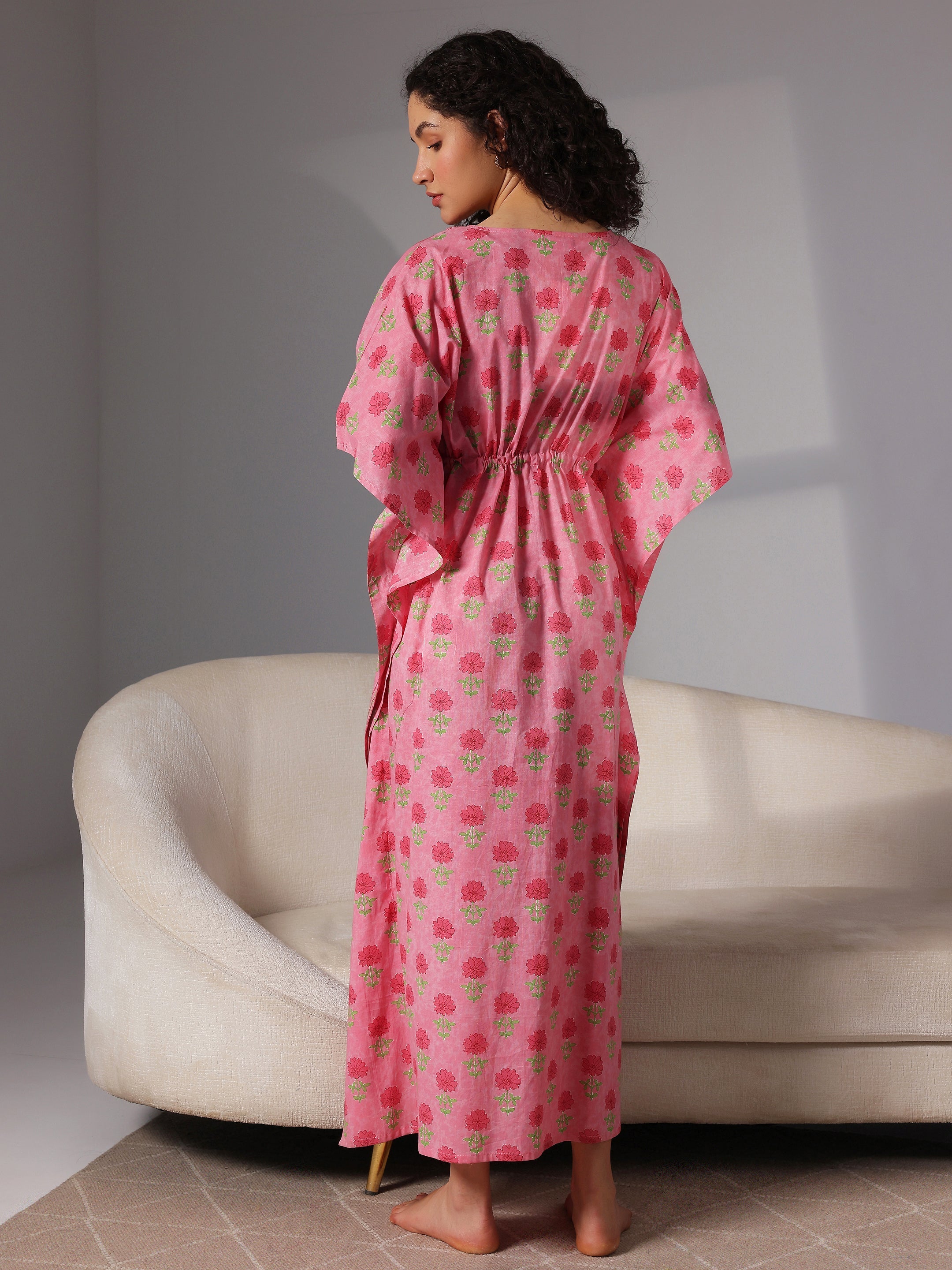 Pink Printed Cotton Kaftan Night Dress