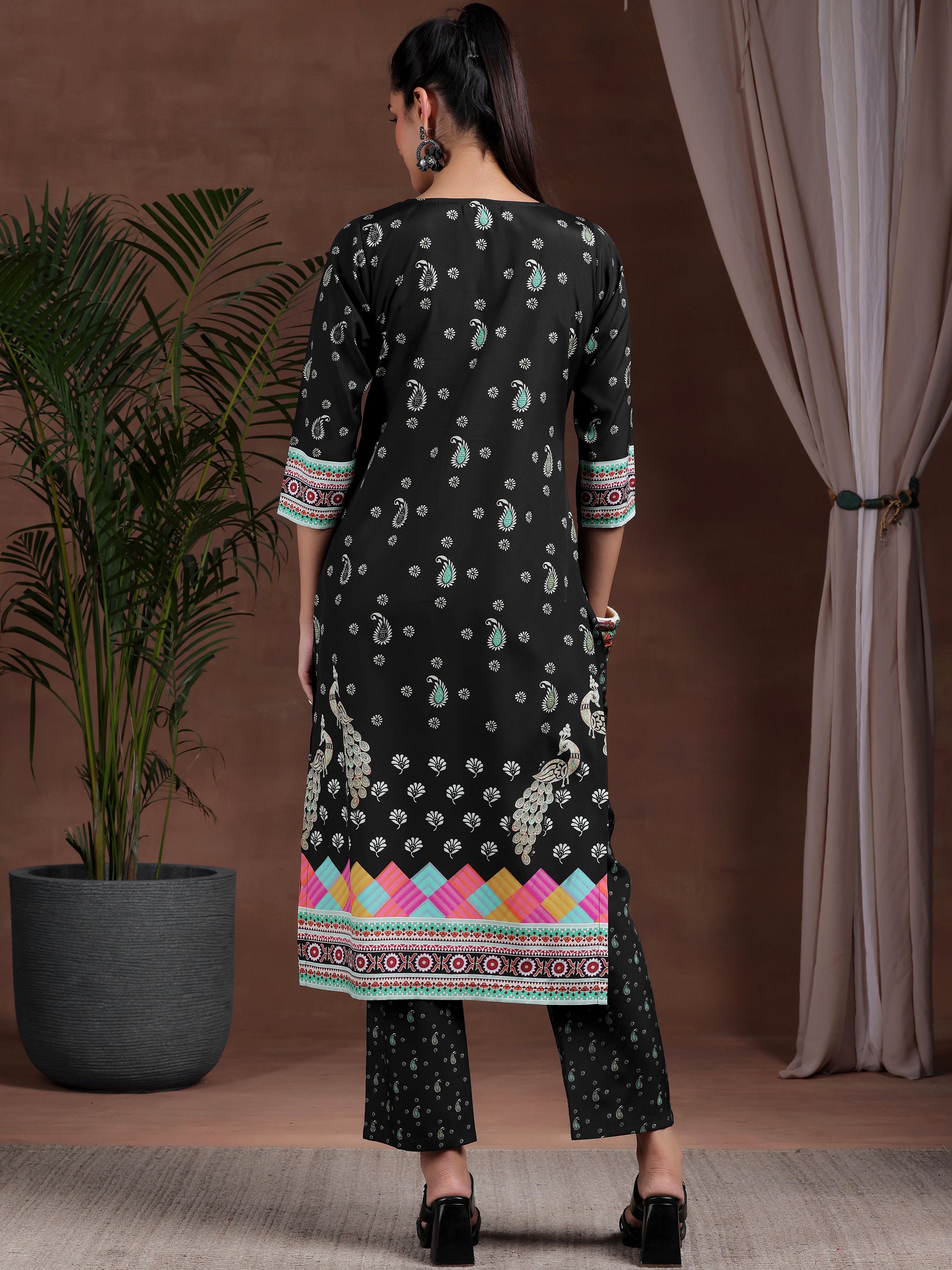 Black Printed Poly Crepe Straight Suit With Dupatta