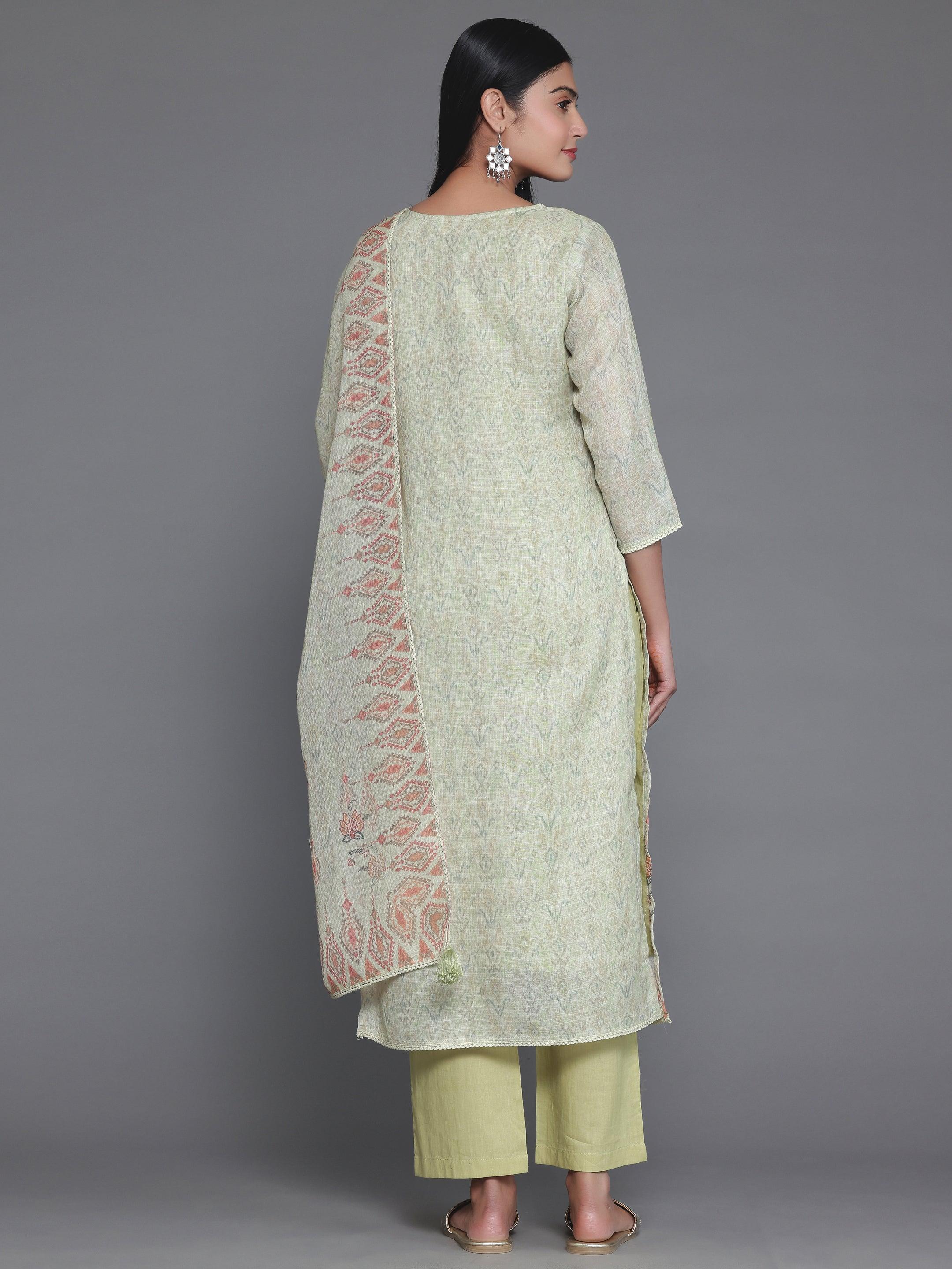 Green Printed Cotton Straight Suit With Dupatta