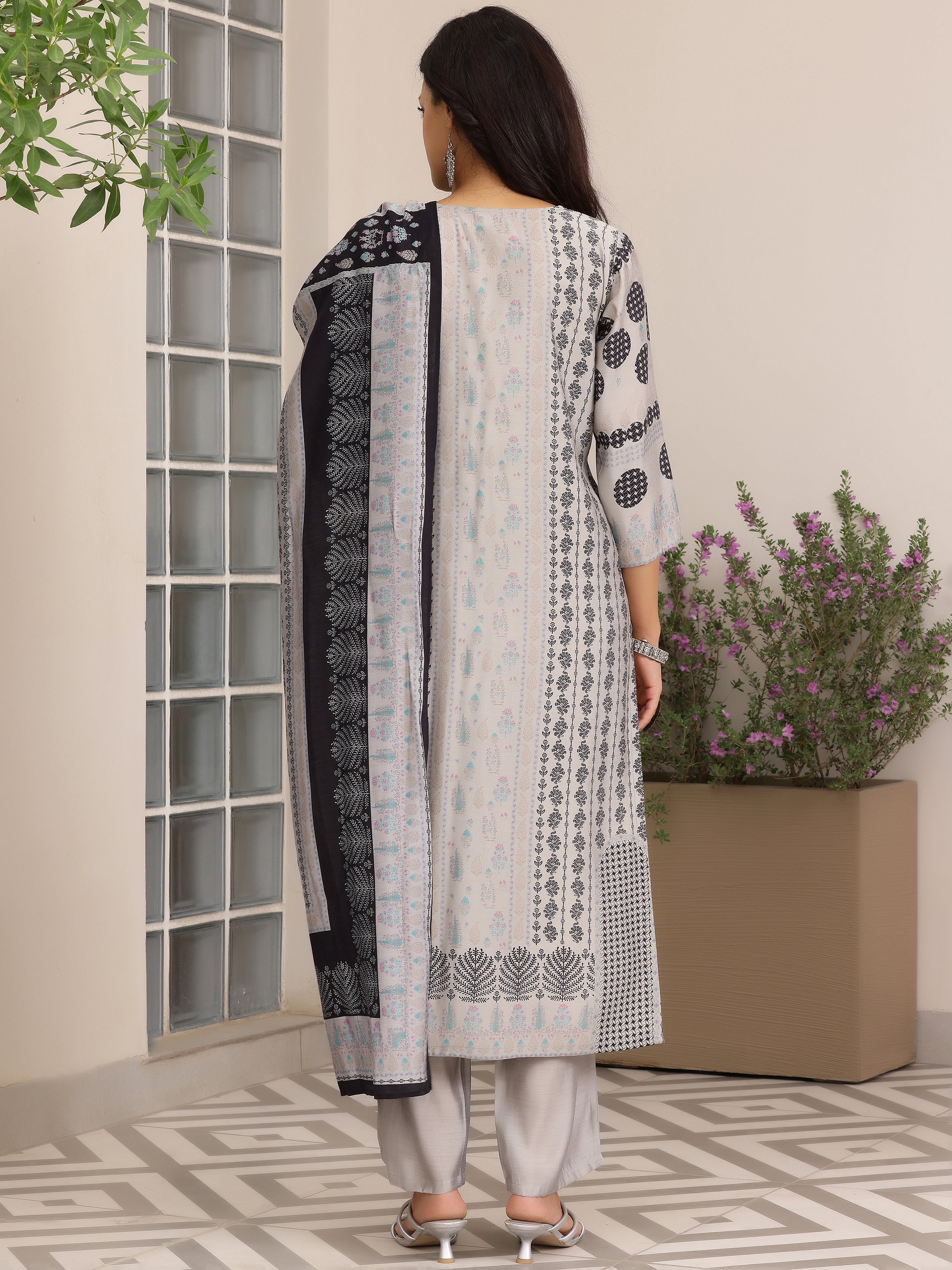 Grey Printed Silk Blend Straight Suit With Dupatta