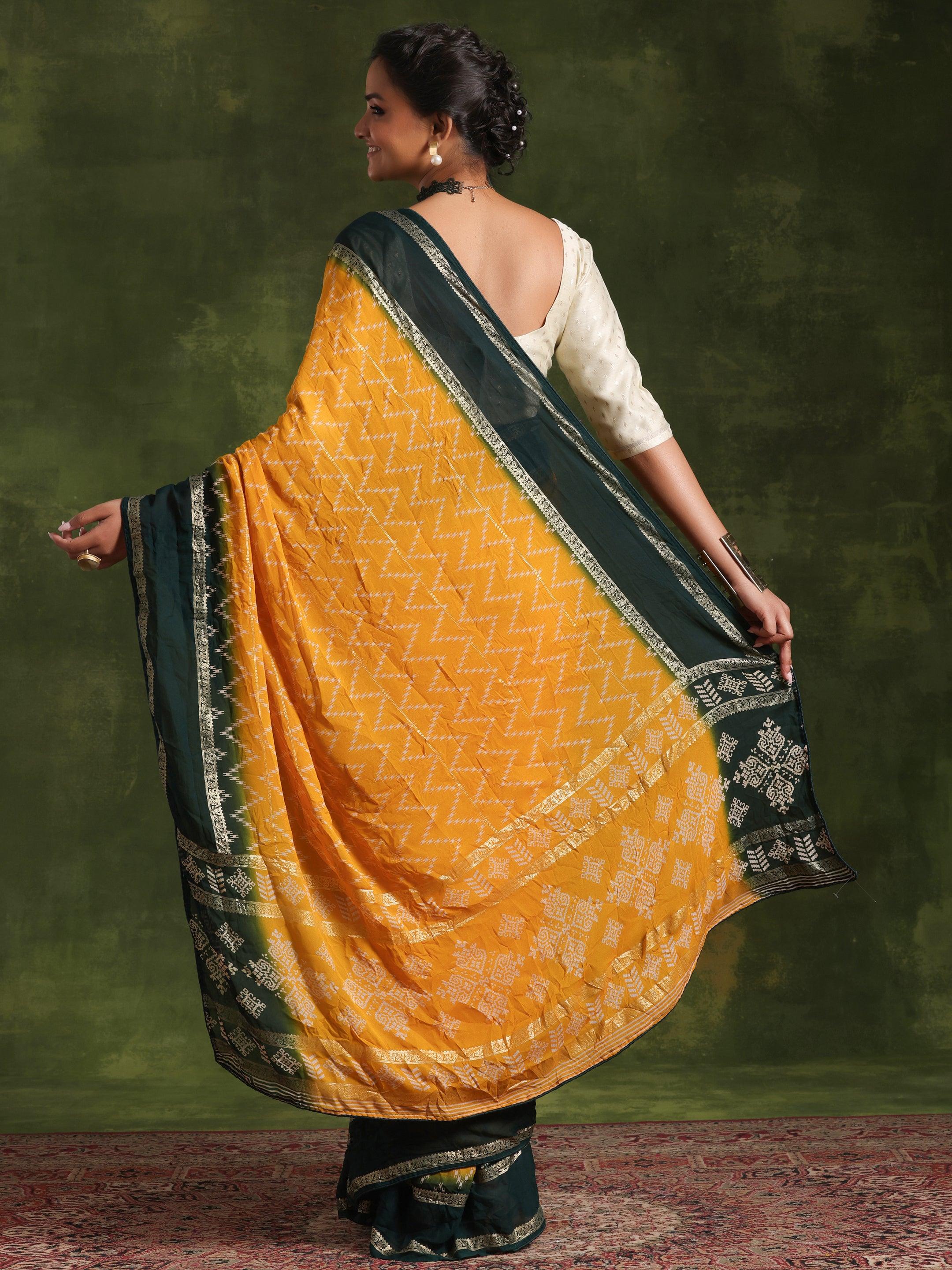 Mustard Printed Poly Georgette Saree With Unstitched Blouse Piece