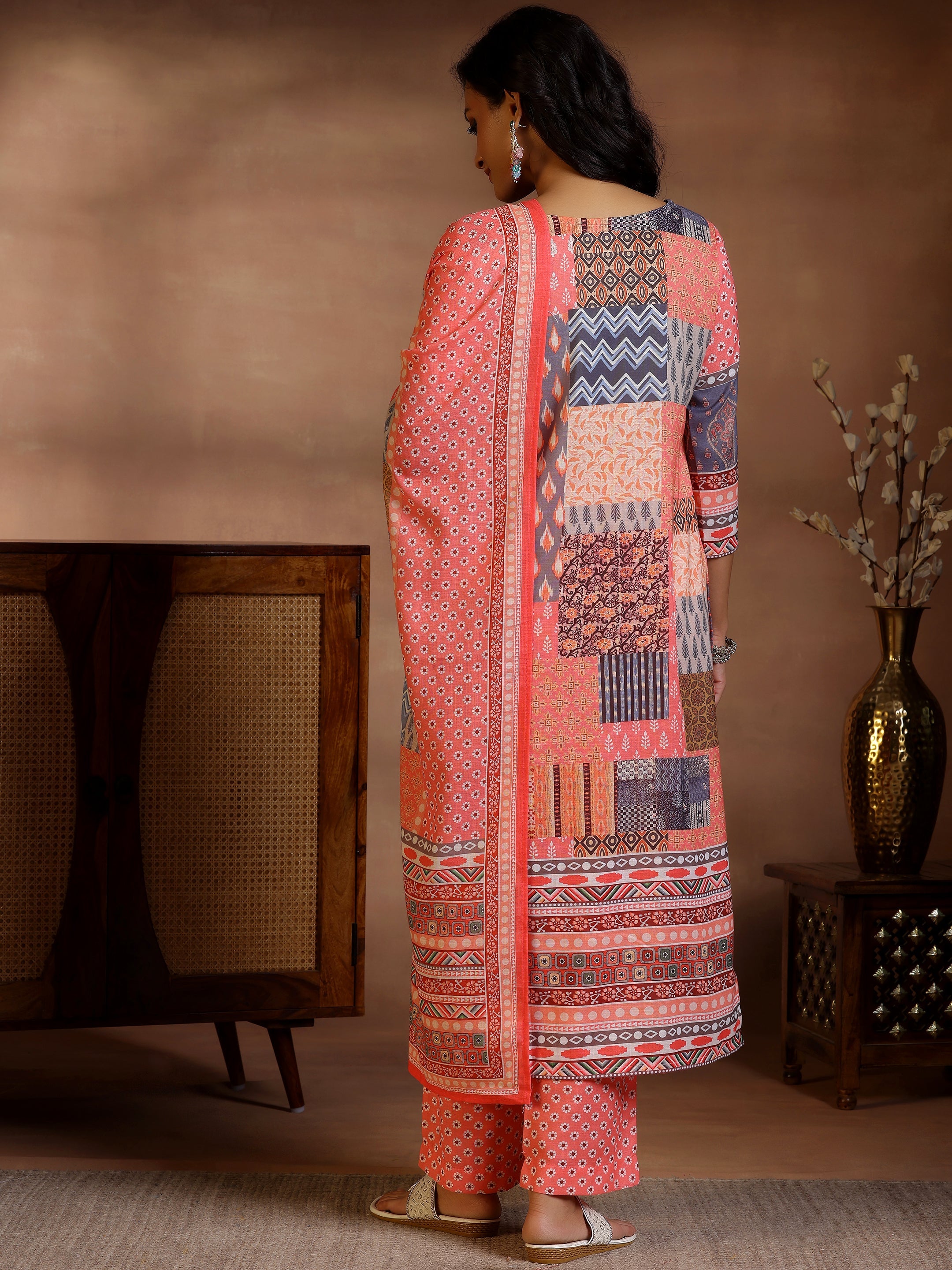 Multicoloured Printed Linen Straight Suit With Dupatta