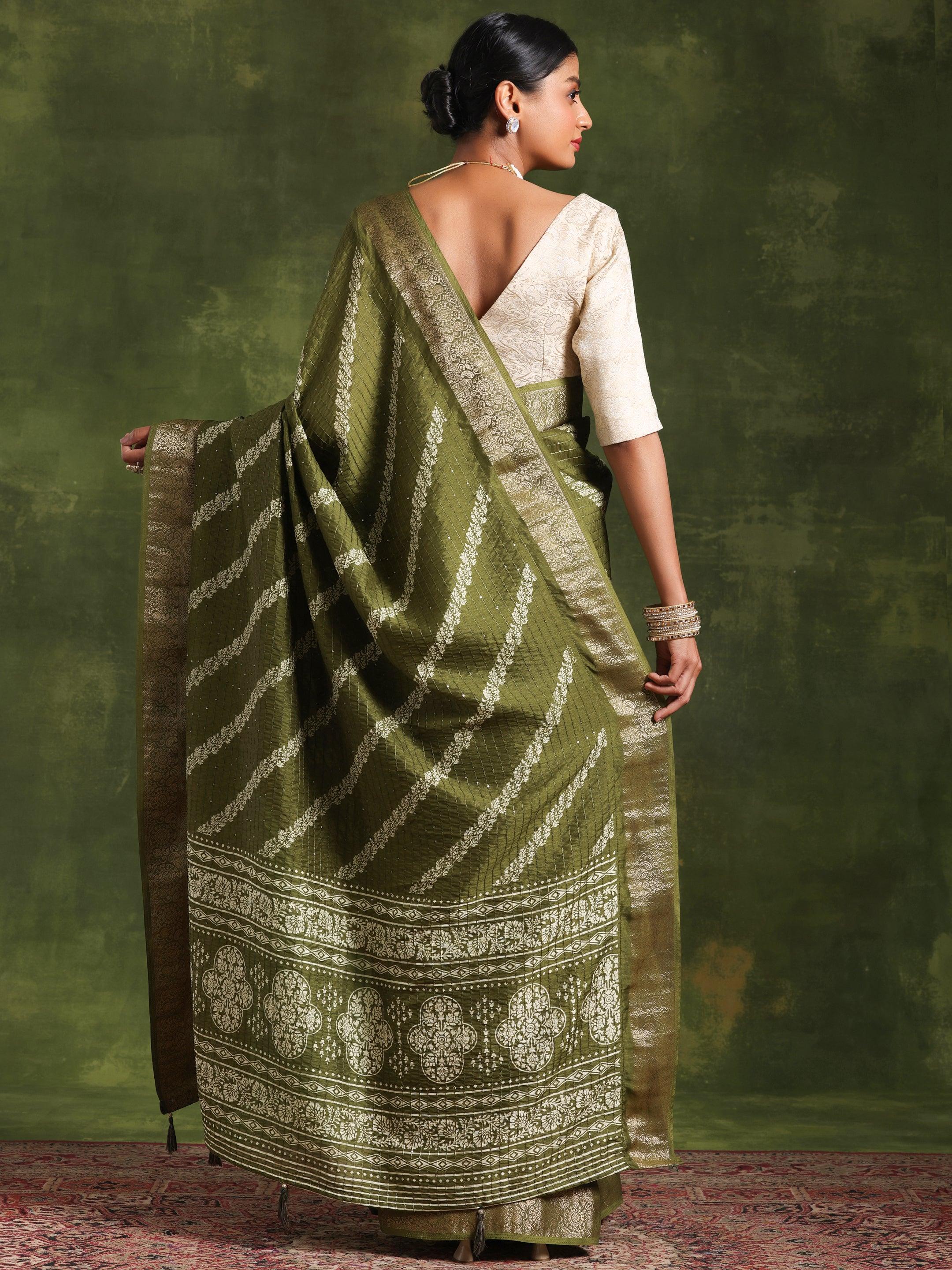 Green Printed Silk Blend Saree With Unstitched Blouse Piece