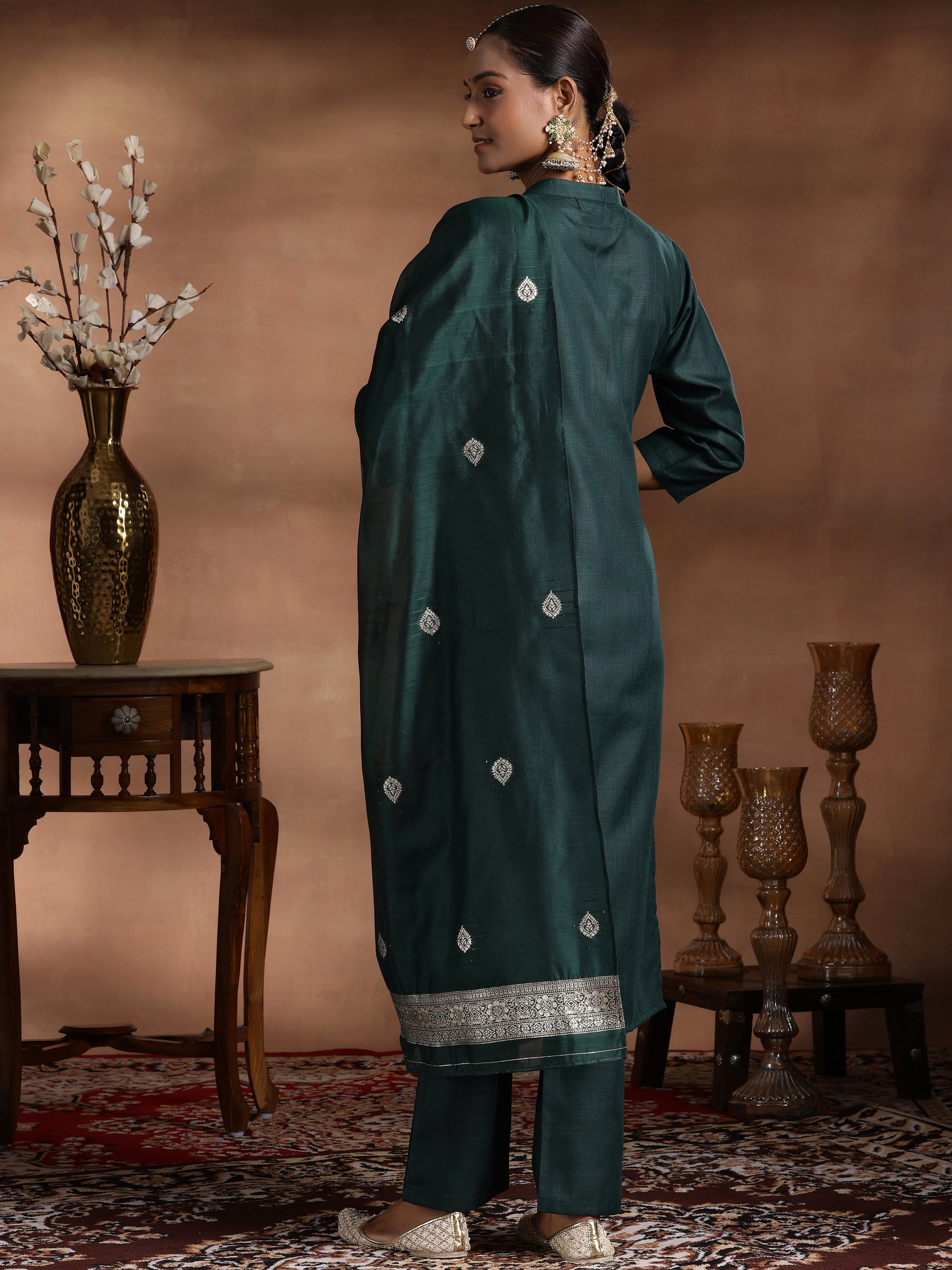 Green Solid Silk Blend Straight Suit With Dupatta