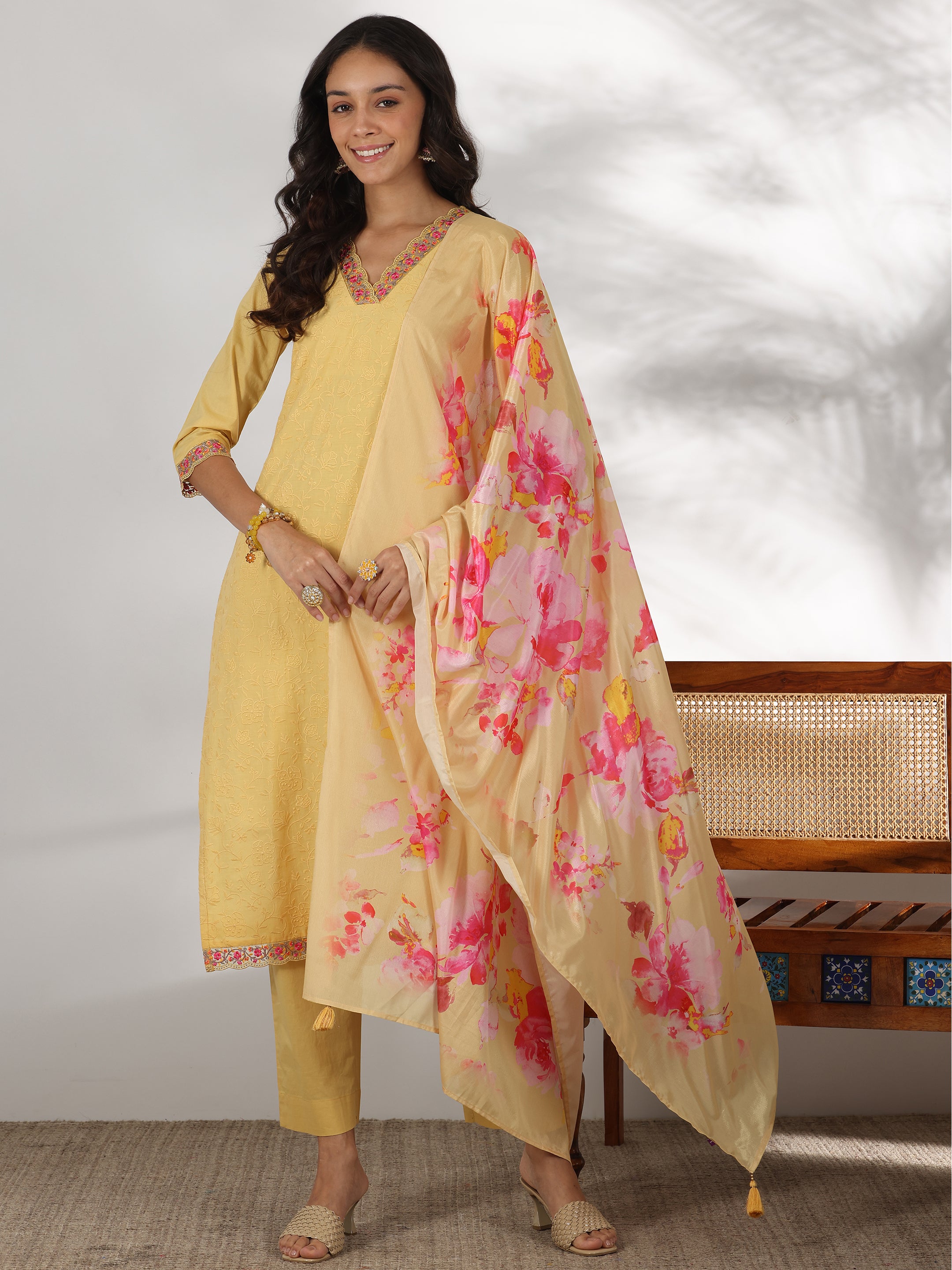 Lime Embroidered Cotton Straight Suit With Dupatta