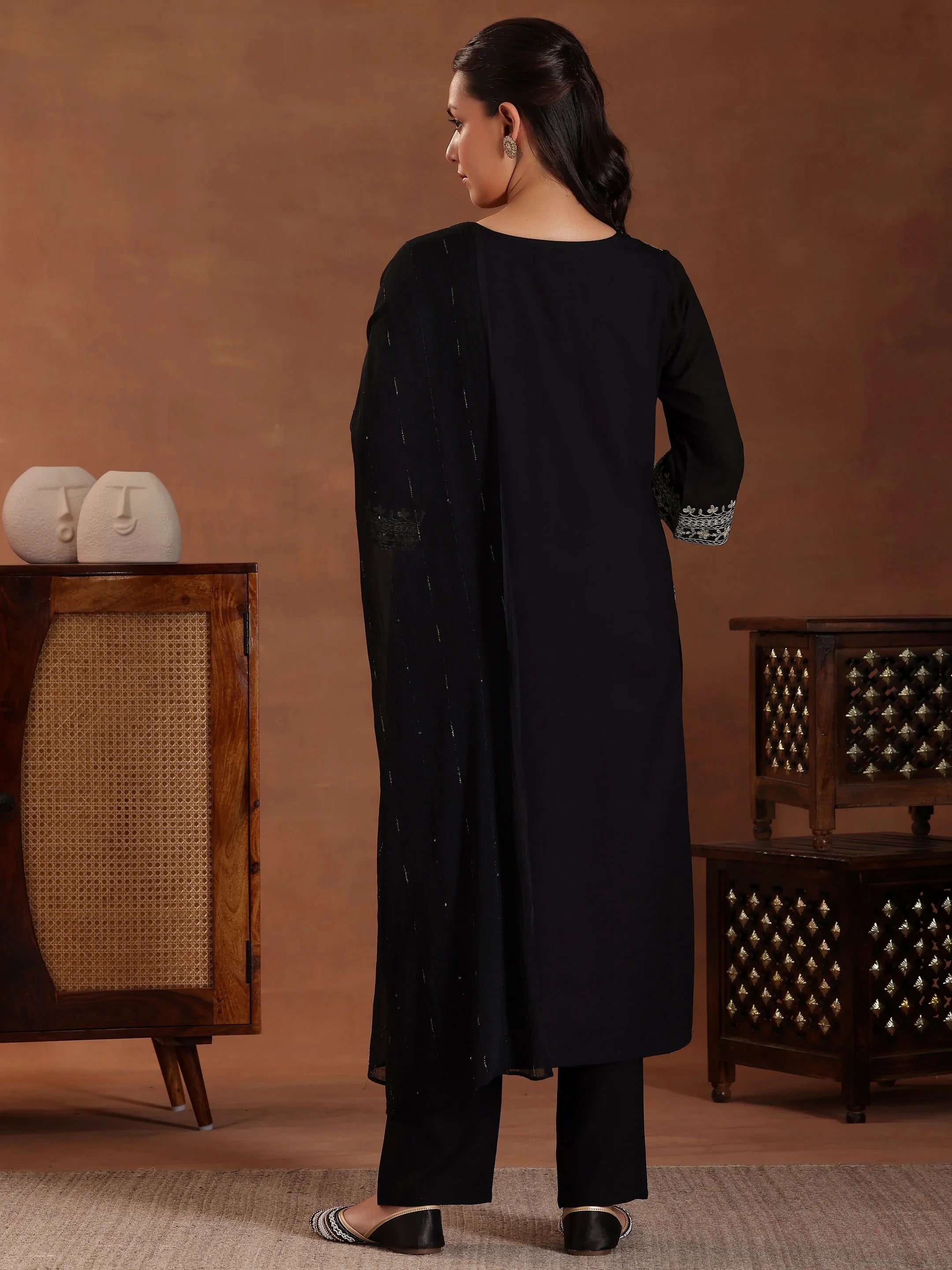 Black Embroidered Rayon Straight Suit With Dupatta