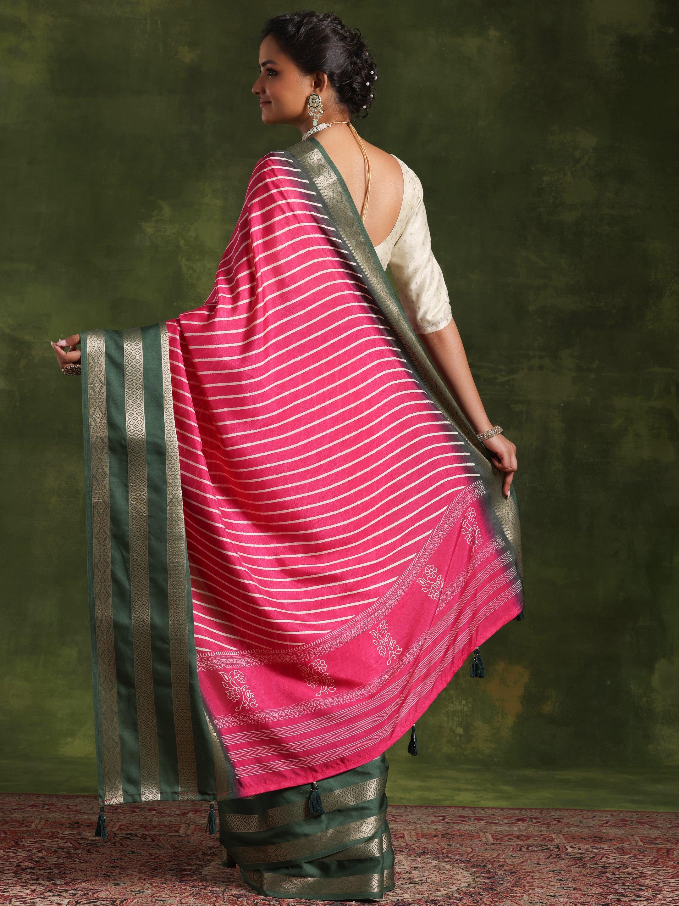 Pink Printed Silk Blend Saree With Unstitched Blouse Piece