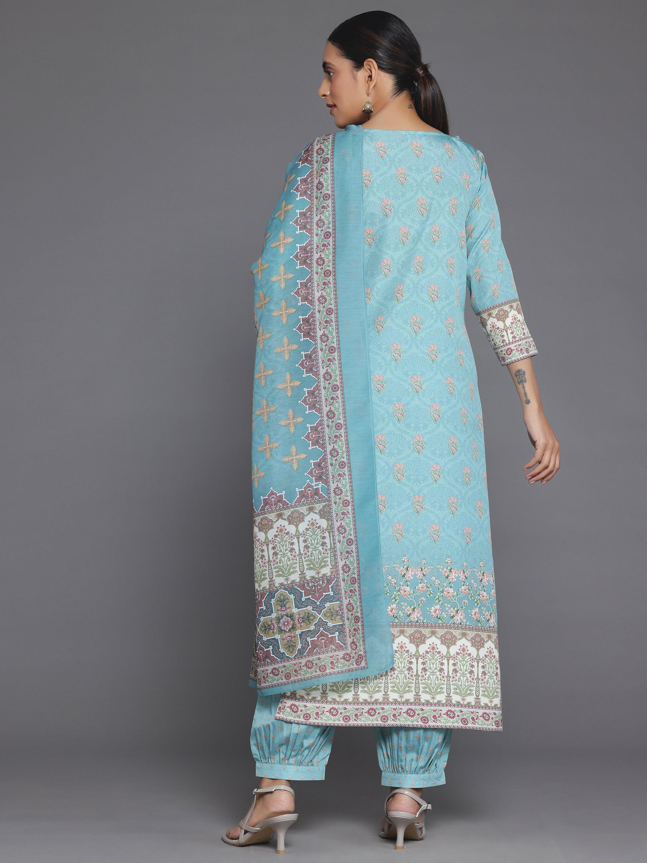 Blue Printed Poly Crepe Straight Suit With Dupatta