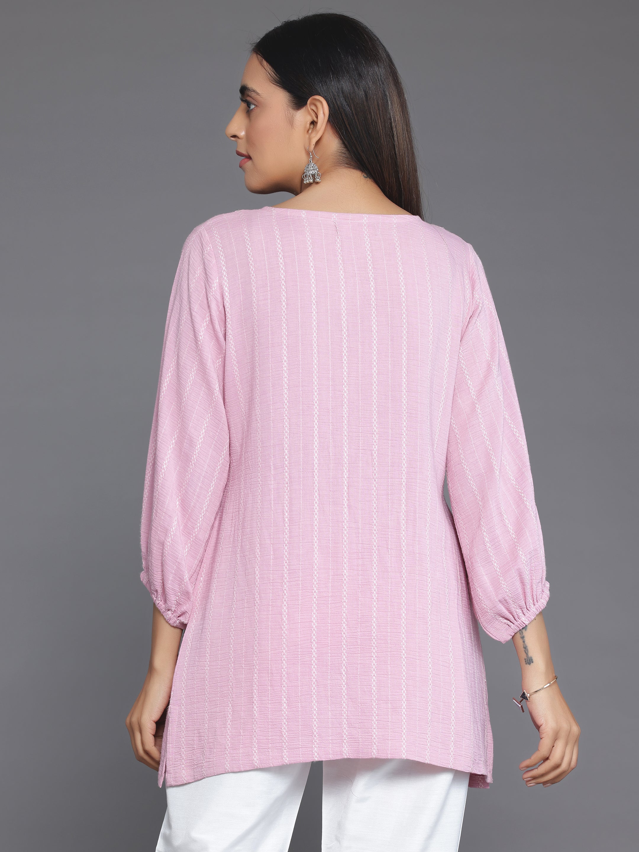 Pink Woven Design Cotton Blend A-Line Kurti