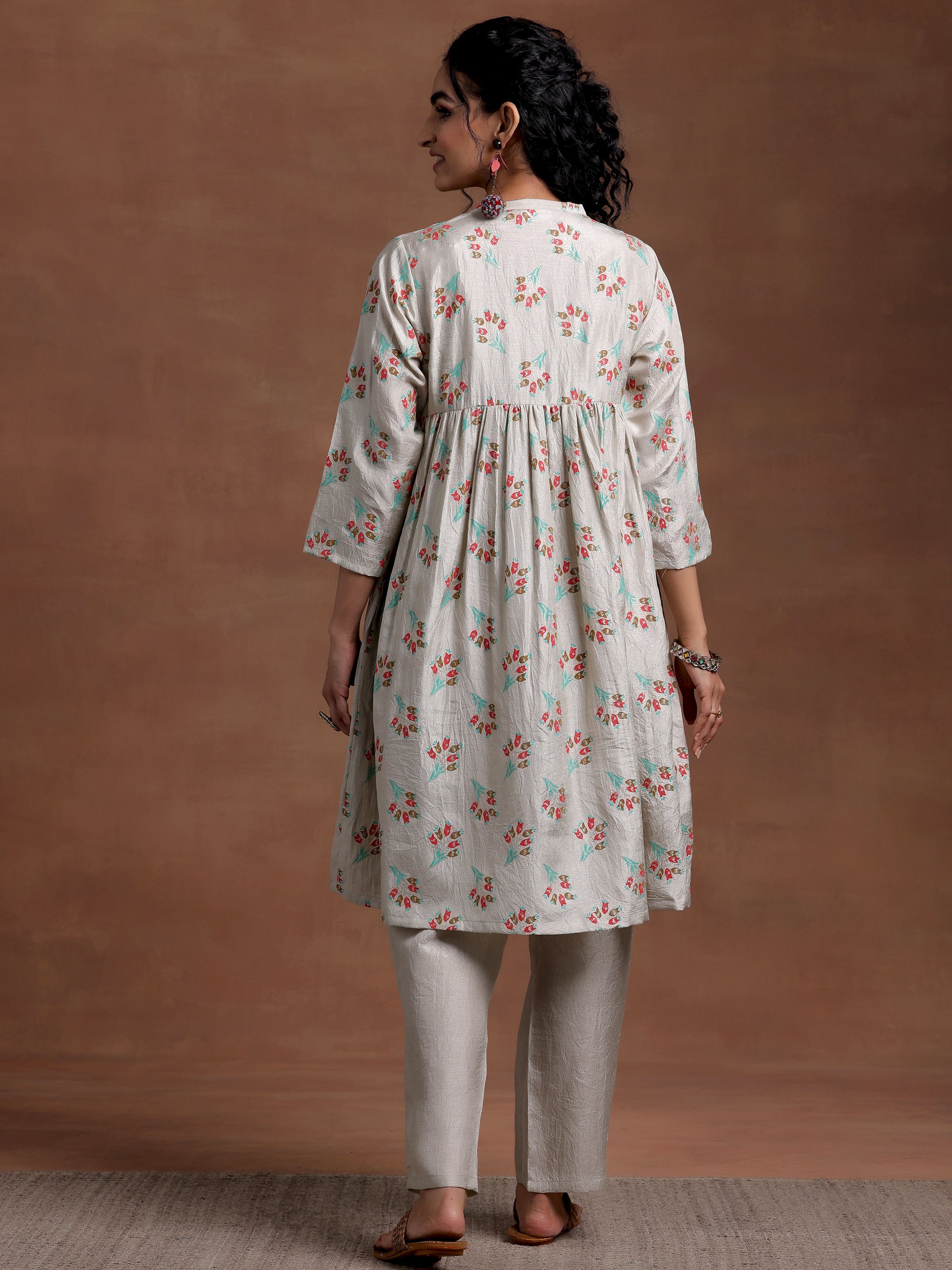 Grey Printed Silk Blend A-Line Kurta With Trousers