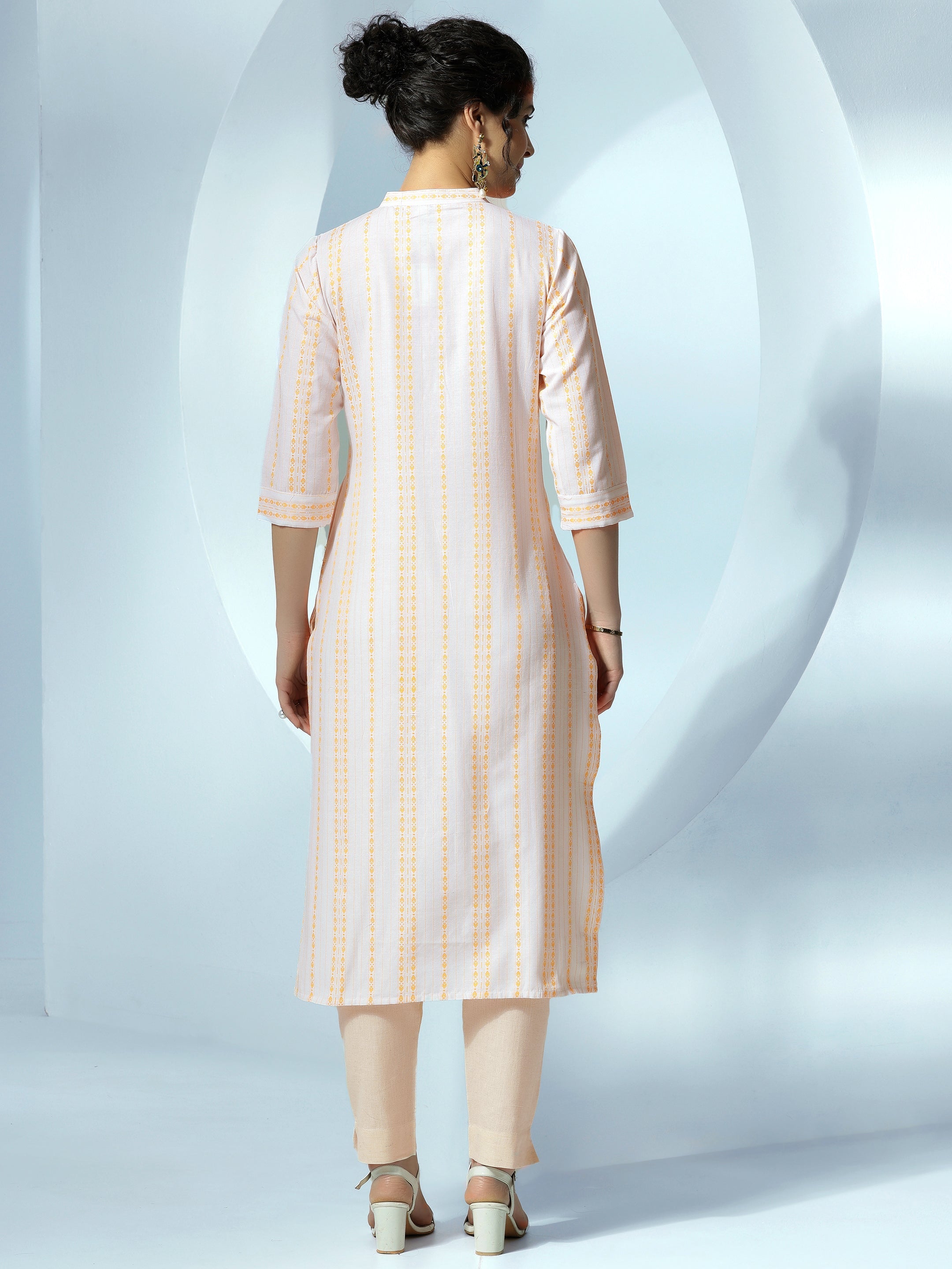 White Woven Design Cotton Straight Kurta