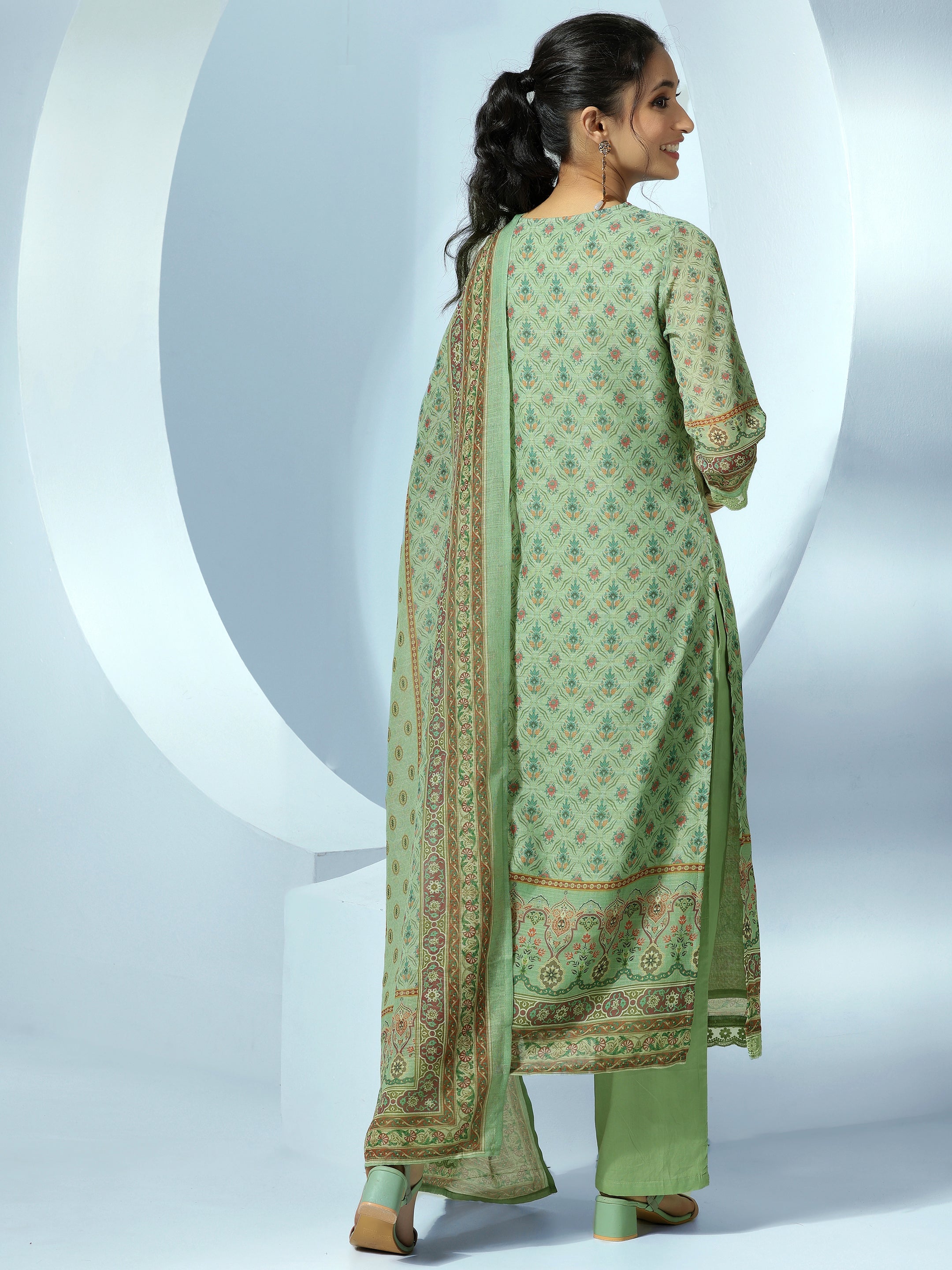 Green Printed Linen Straight Suit With Dupatta