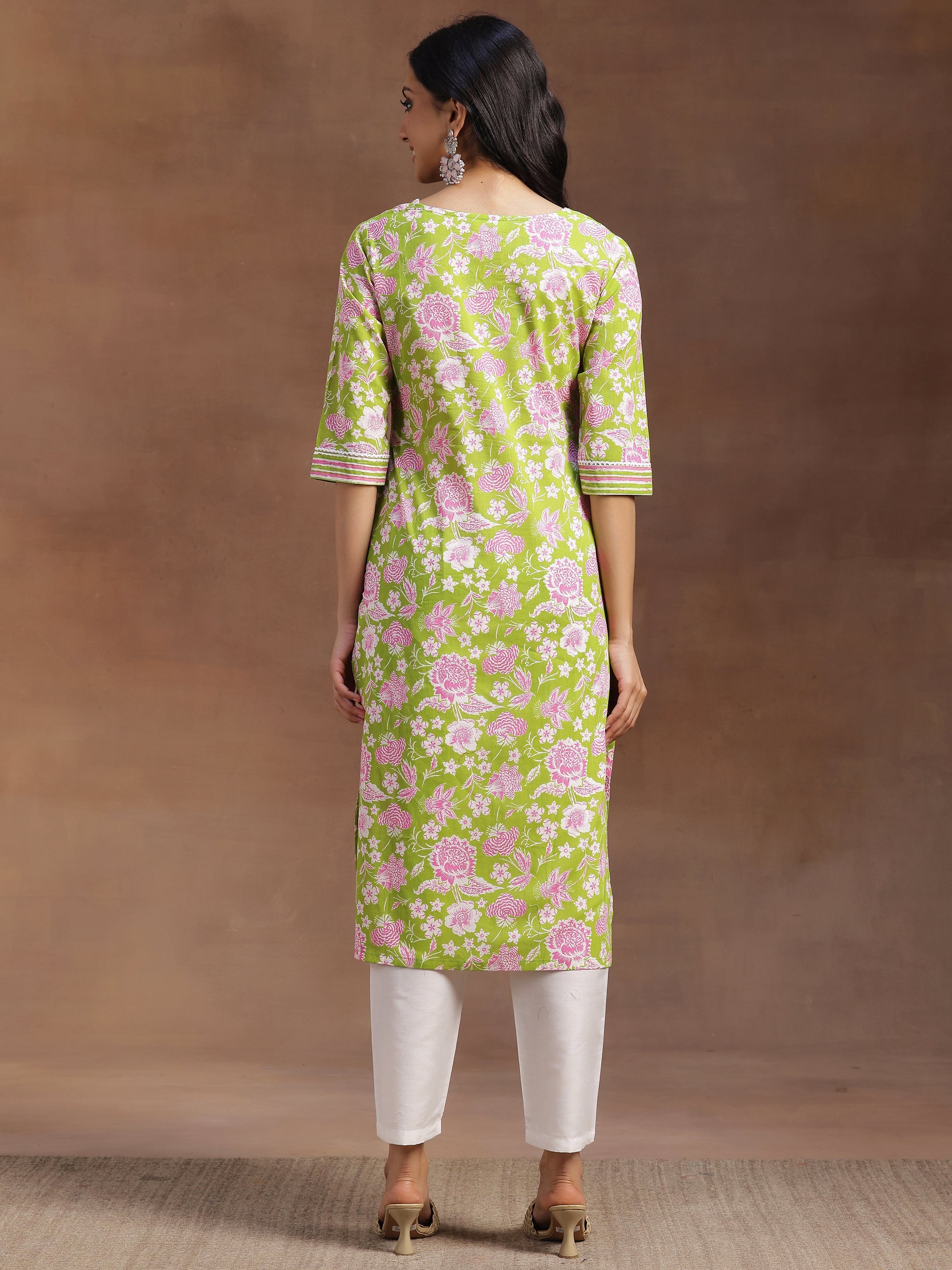 Green Printed Cotton Straight Kurta