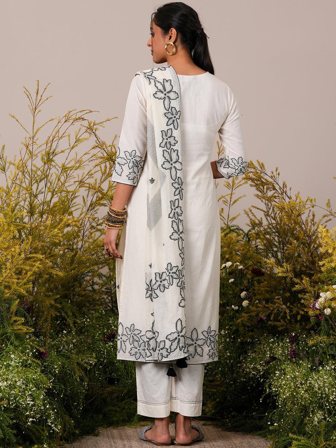 Off White Woven Design Cotton Straight Suit With Dupatta