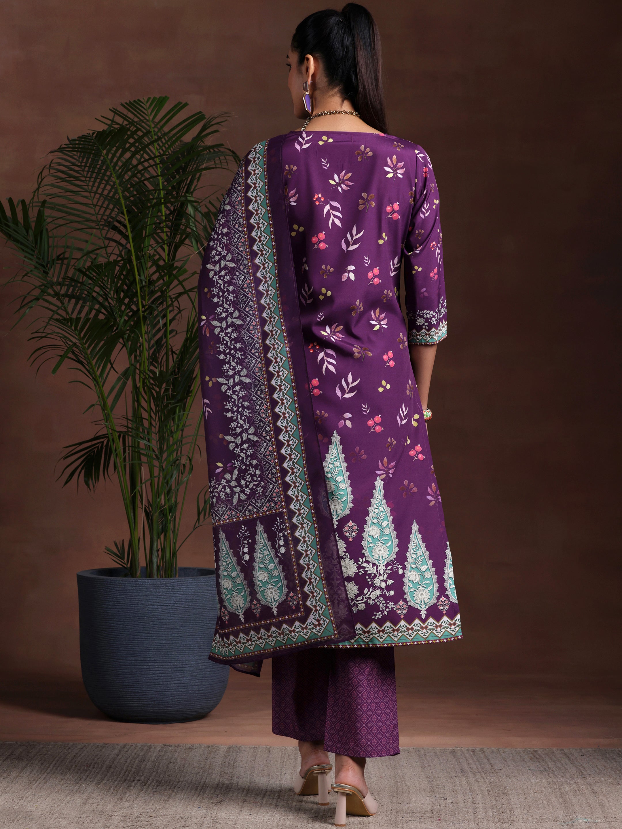 Wine Printed Poly Crepe Straight Suit With Dupatta